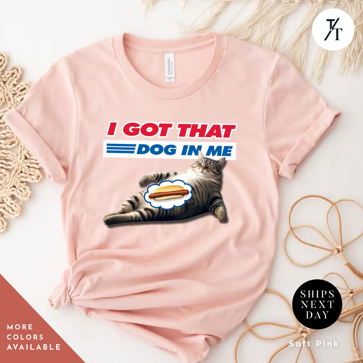 a pink shirt with a cat eating a hot dog, i got that dog in me cat, Funny Cat Shirt, Kirkland Signature tee, All Beef Hot Dog, Funny Costco Shirt, Gift For Him, Costco Hotdog tee
