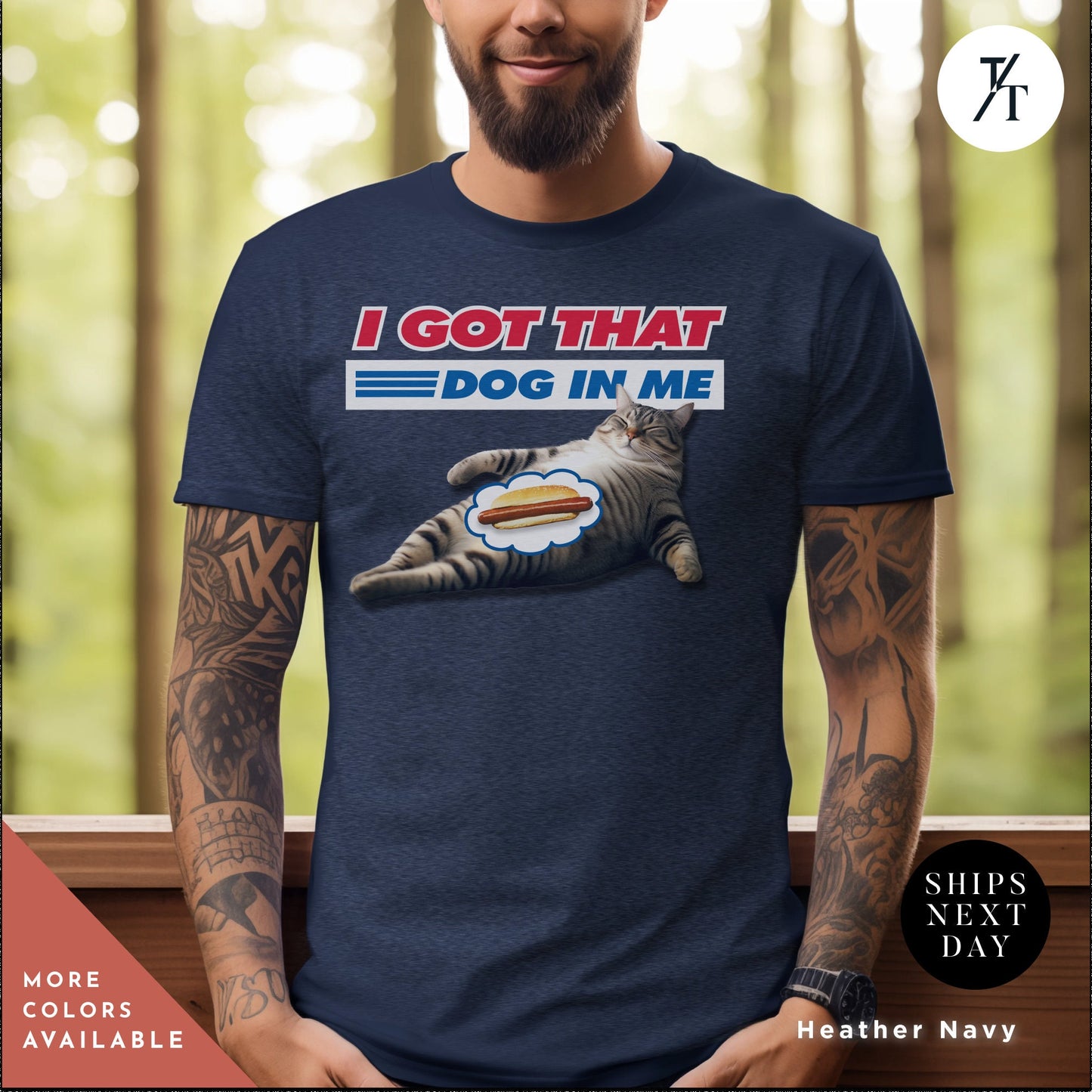 a man wearing a t - shirt with a picture of a cat holding a hot, i got that dog in me cat, Funny Cat Shirt, Kirkland Signature tee, All Beef Hot Dog, Funny Costco Shirt, Gift For Him, Costco Hotdog tee