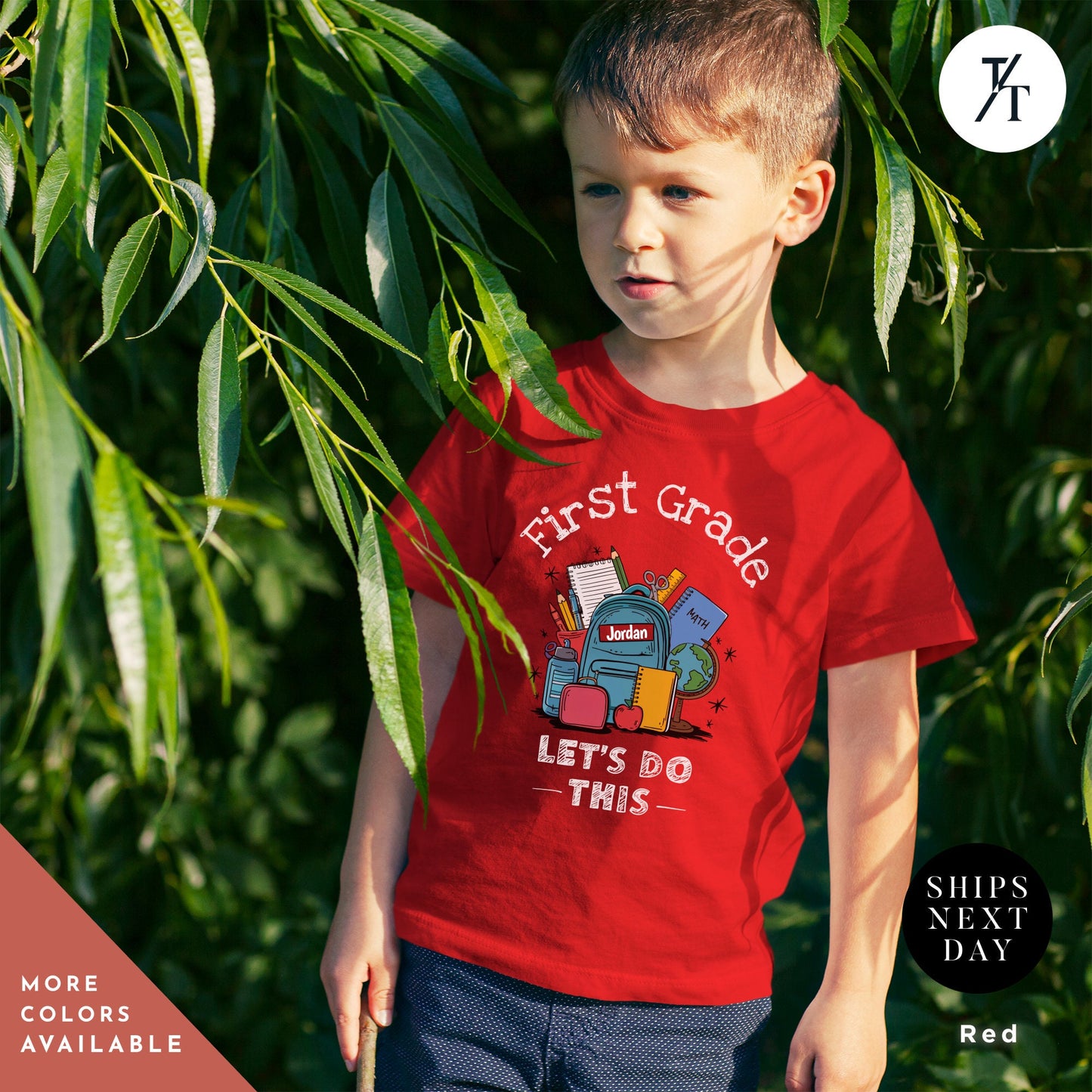 a young boy wearing a red t - shirt that says first grade let's, Let's do this first grade tee, Back To School Shirt, First Day Of School, First Grade Shirt, 1St Grades Shirts, 1St Day, Kids School tee