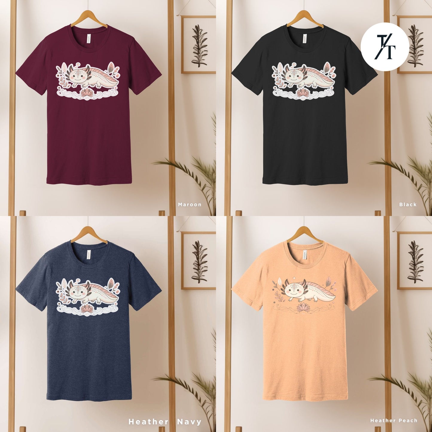 four t - shirts hanging on a wall with a plant in the background, Boho Axolotl Shirt, Axolotl Lovers Gifts, Axolotls Shirt Women, Axolotls T-Shirts, Animal Lover Gift, Cute Animal Shirt, Mexican Salamander