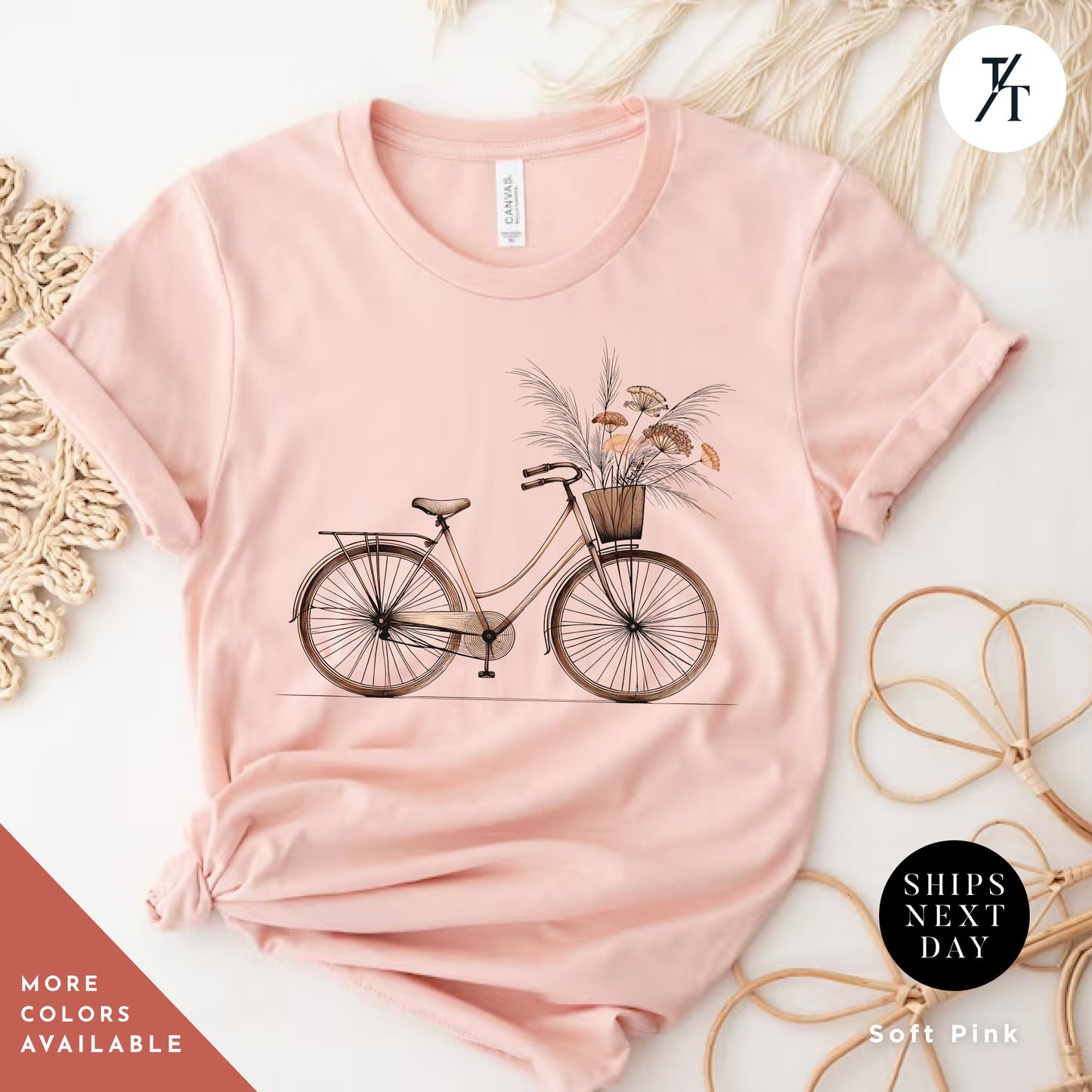 a pink t - shirt with a bicycle with a basket of flowers, Retro bike flowers shirts, Bicycle Floral Shirt, Retro Bike Shirt, Gift For Her, Wildflower tShirt, Retro Flower tShirt, Bicycle Floral tee