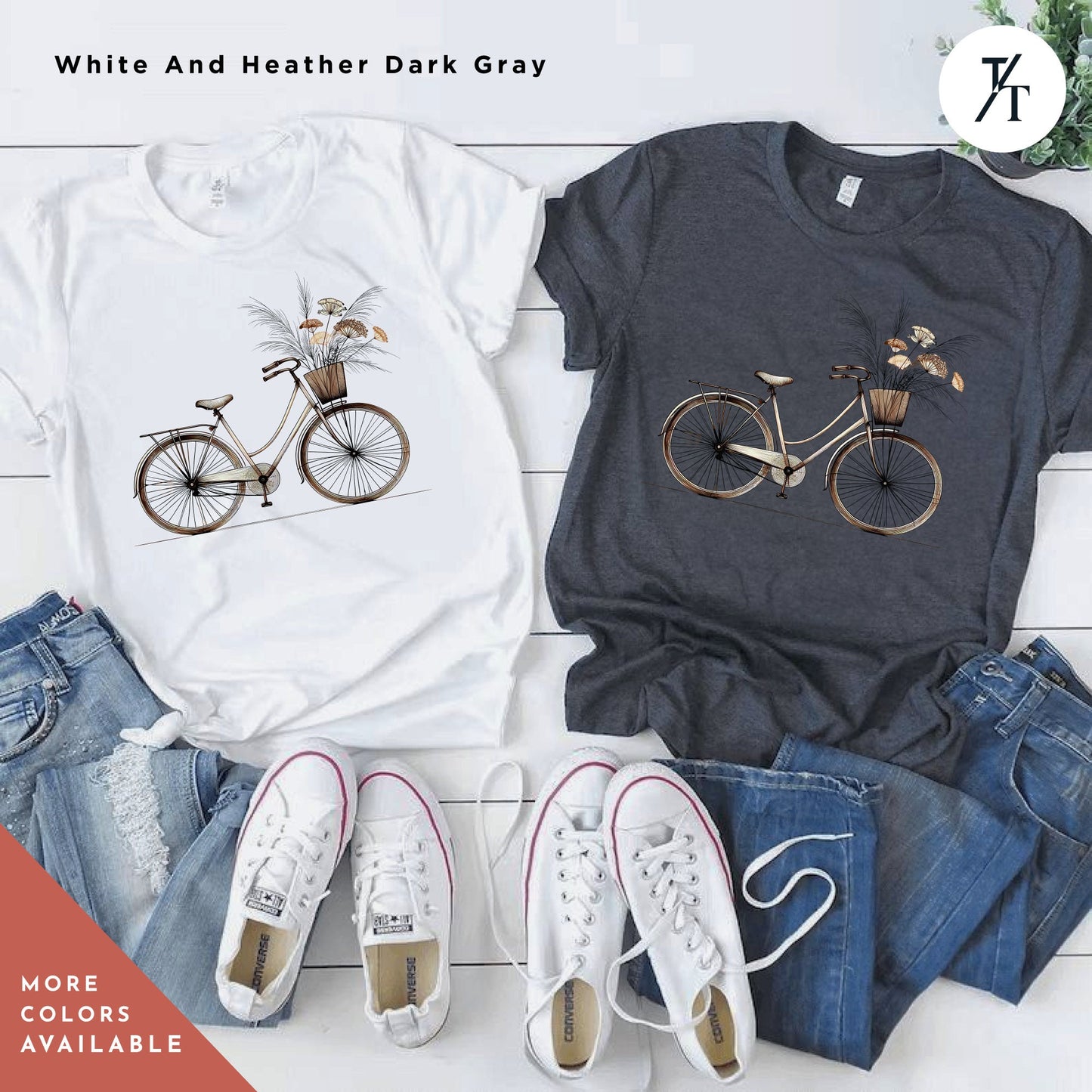 a pair of white sneakers and a t - shirt with a bicycle on it, Retro bike flowers shirts, Bicycle Floral Shirt, Retro Bike Shirt, Gift For Her, Wildflower tShirt, Retro Flower tShirt, Bicycle Floral tee