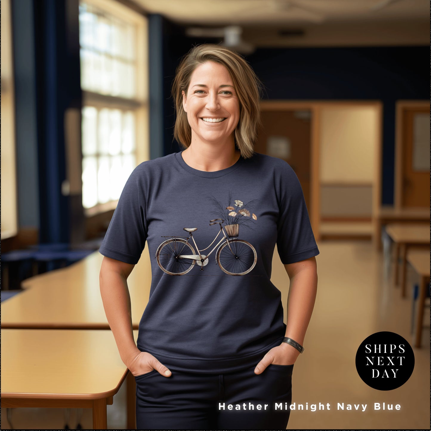 a woman standing in a room with a bike on her shirt, Retro bike flowers shirts, Bicycle Floral Shirt, Retro Bike Shirt, Gift For Her, Wildflower tShirt, Retro Flower tShirt, Bicycle Floral tee