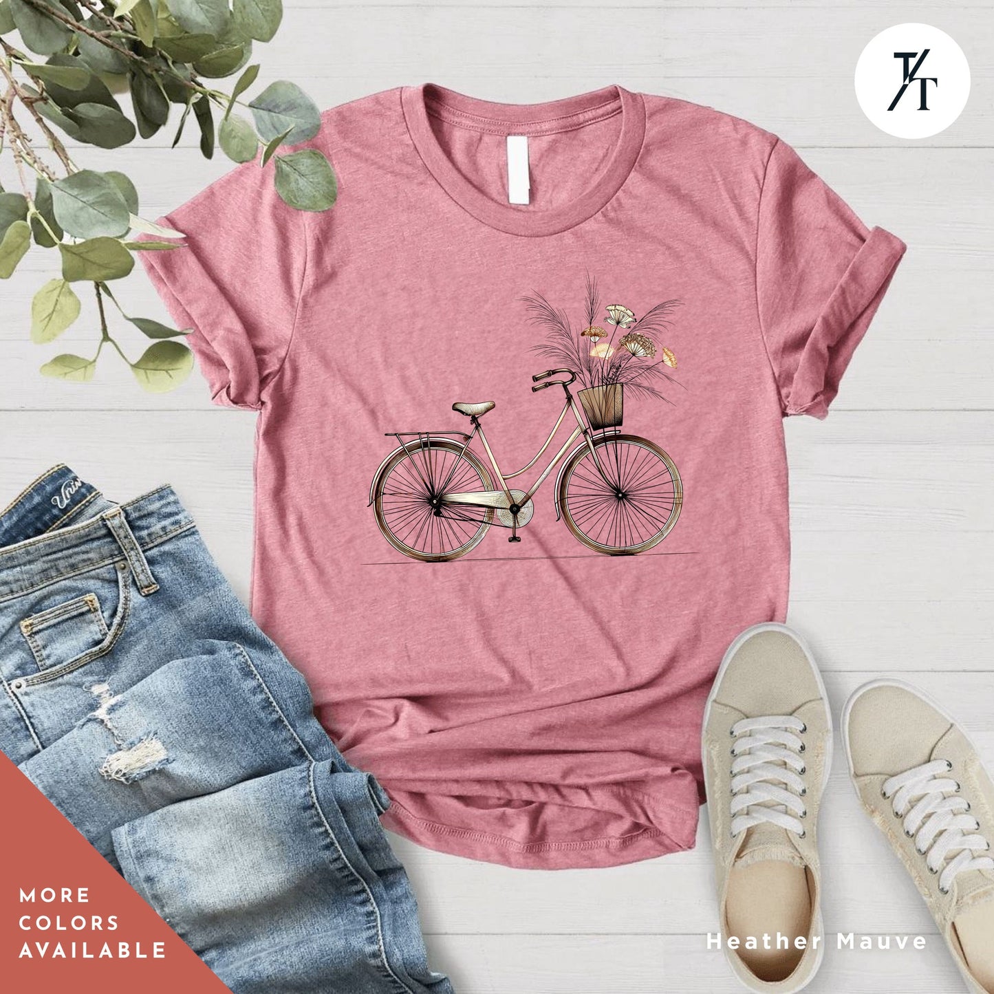 a pink shirt with a bicycle and flowers on it, Retro bike flowers shirts, Bicycle Floral Shirt, Retro Bike Shirt, Gift For Her, Wildflower tShirt, Retro Flower tShirt, Bicycle Floral tee
