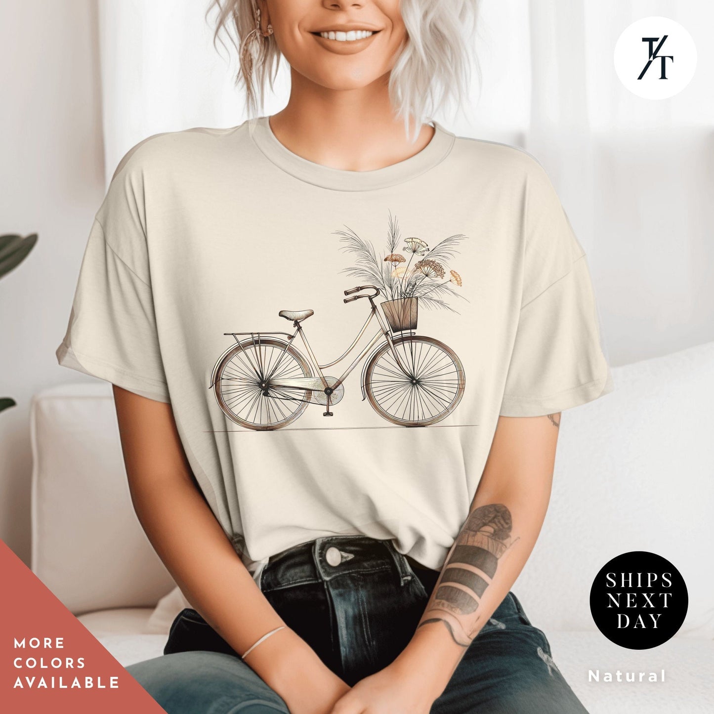 a woman sitting on a couch wearing a t - shirt with a bicycle on it, Retro bike flowers shirts, Bicycle Floral Shirt, Retro Bike Shirt, Gift For Her, Wildflower tShirt, Retro Flower tShirt, Bicycle Floral tee