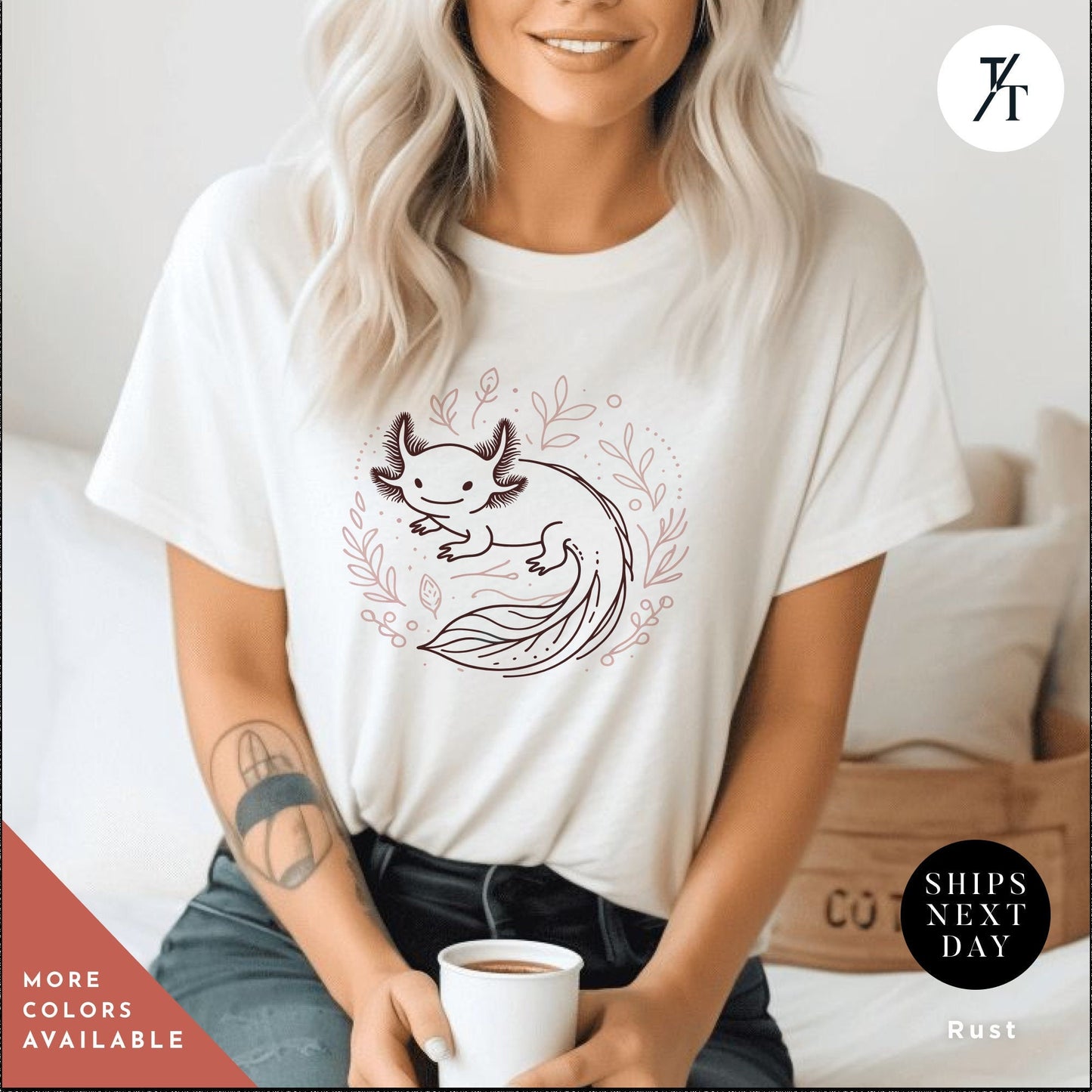 a woman sitting on a bed holding a cup of coffee, Cute Axolotl Shirt, Axolotl Lovers Gifts, Axolotls Shirt Women, Axolotls T-Shirts, Animal Lover Gift, Cute Animal Shirt, Mexican Salamander