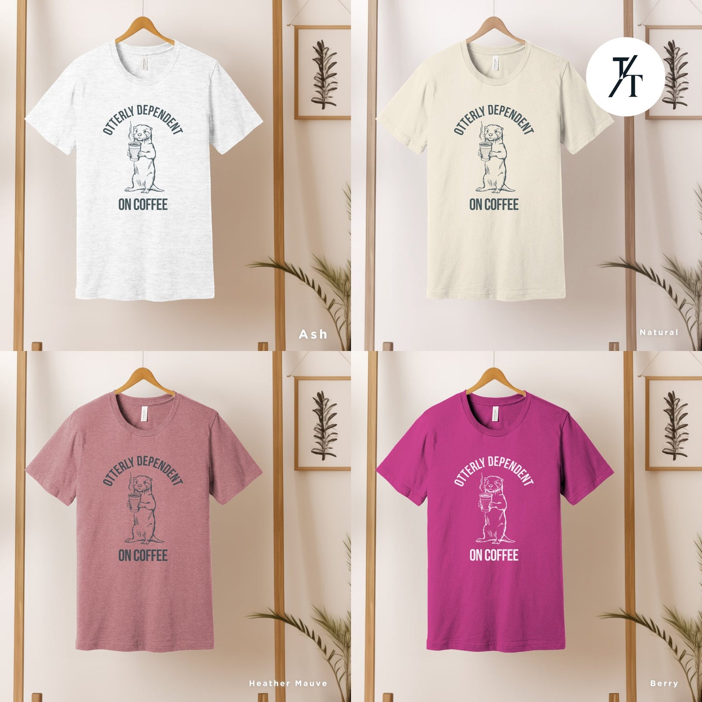 four different t - shirts hanging on a wallOtter coffee shirt, Coffee Otter Shirt, Otters Lover Shirts, Otters Lover Gift, SeaOtter Gift, Xmas Gift For Women, Funny Mens T-Shirts