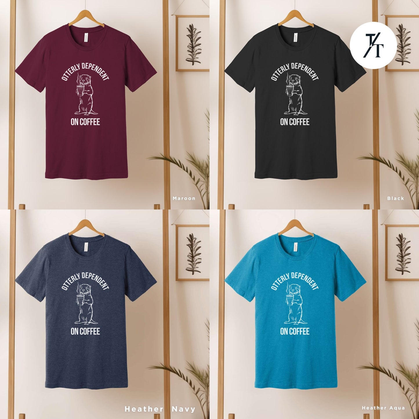 six t - shirts of different colors on a wooden rack Otter coffee shirt, Coffee Otter Shirt, Otters Lover Shirts, Otters Lover Gift, SeaOtter Gift, Xmas Gift For Women, Funny Mens T-Shirts