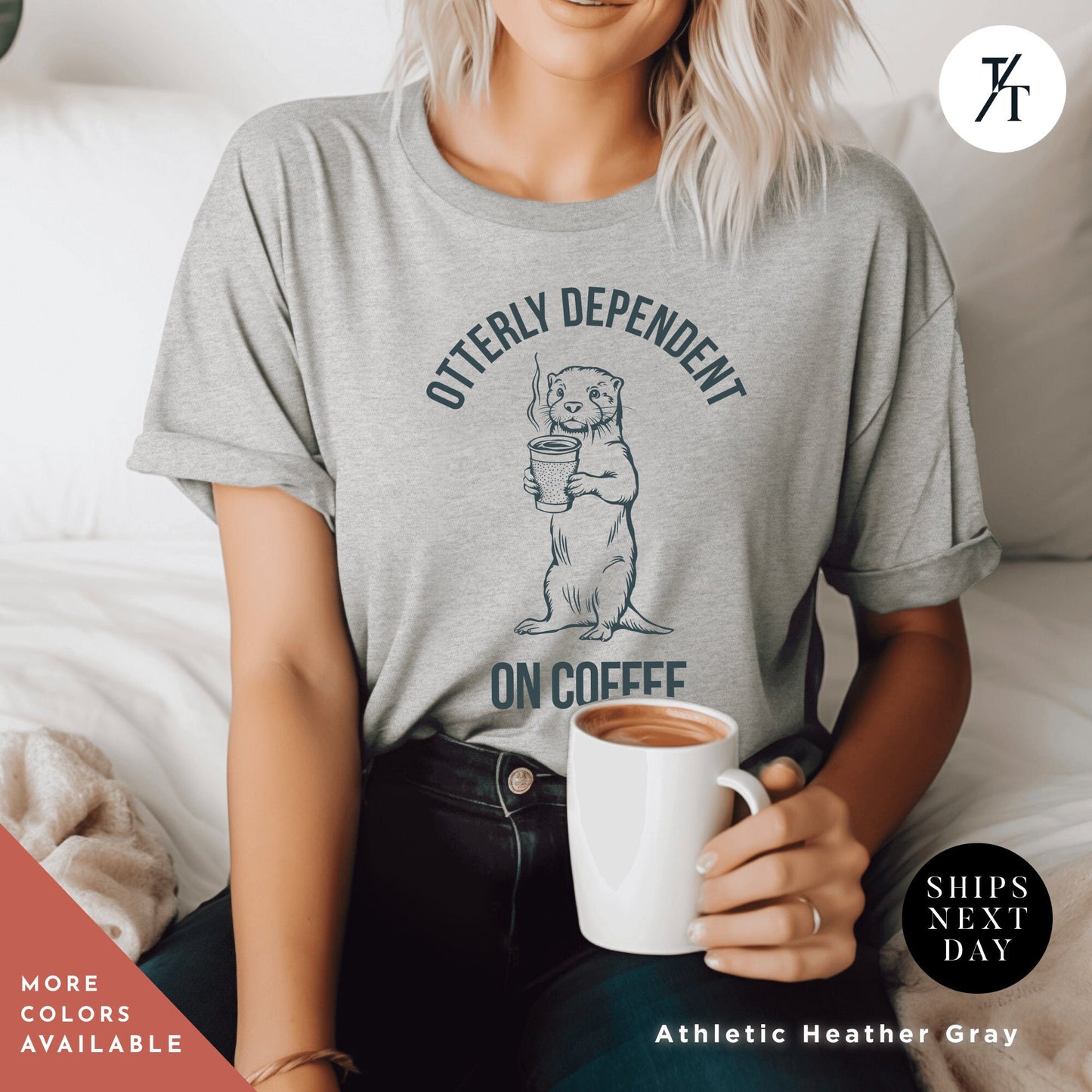 a woman sitting on a bed holding a cup of coffee, Otter coffee shirt, Coffee Otter Shirt, Otters Lover Shirts, Otters Lover Gift, SeaOtter Gift, Xmas Gift For Women, Funny Mens T-Shirts
