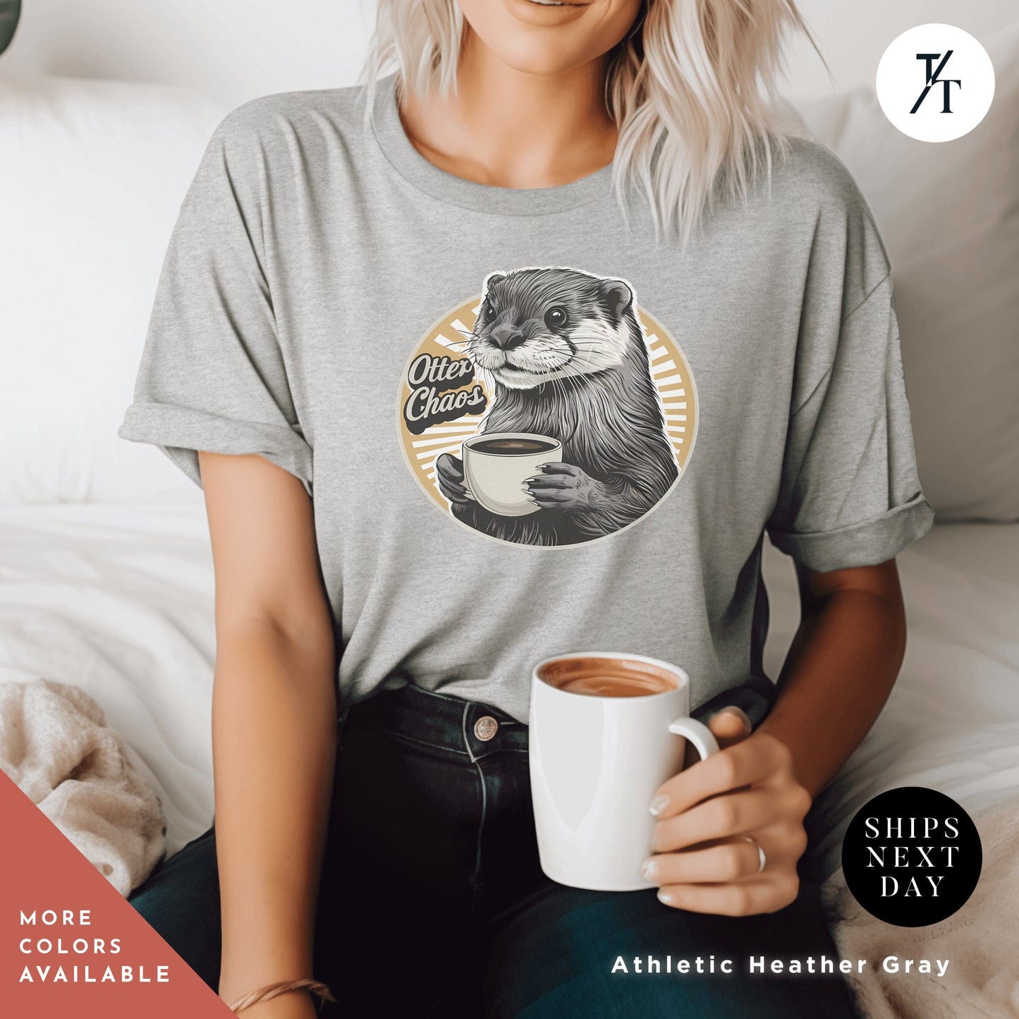 a woman sitting on a bed holding a cup of coffee, Otter coffee shirt, Coffee Otter Shirt, Otters Lover Shirts, Otters Lover Gift, SeaOtter Gifts, Xmas Gift For Women, Funny Mens T-Shirts