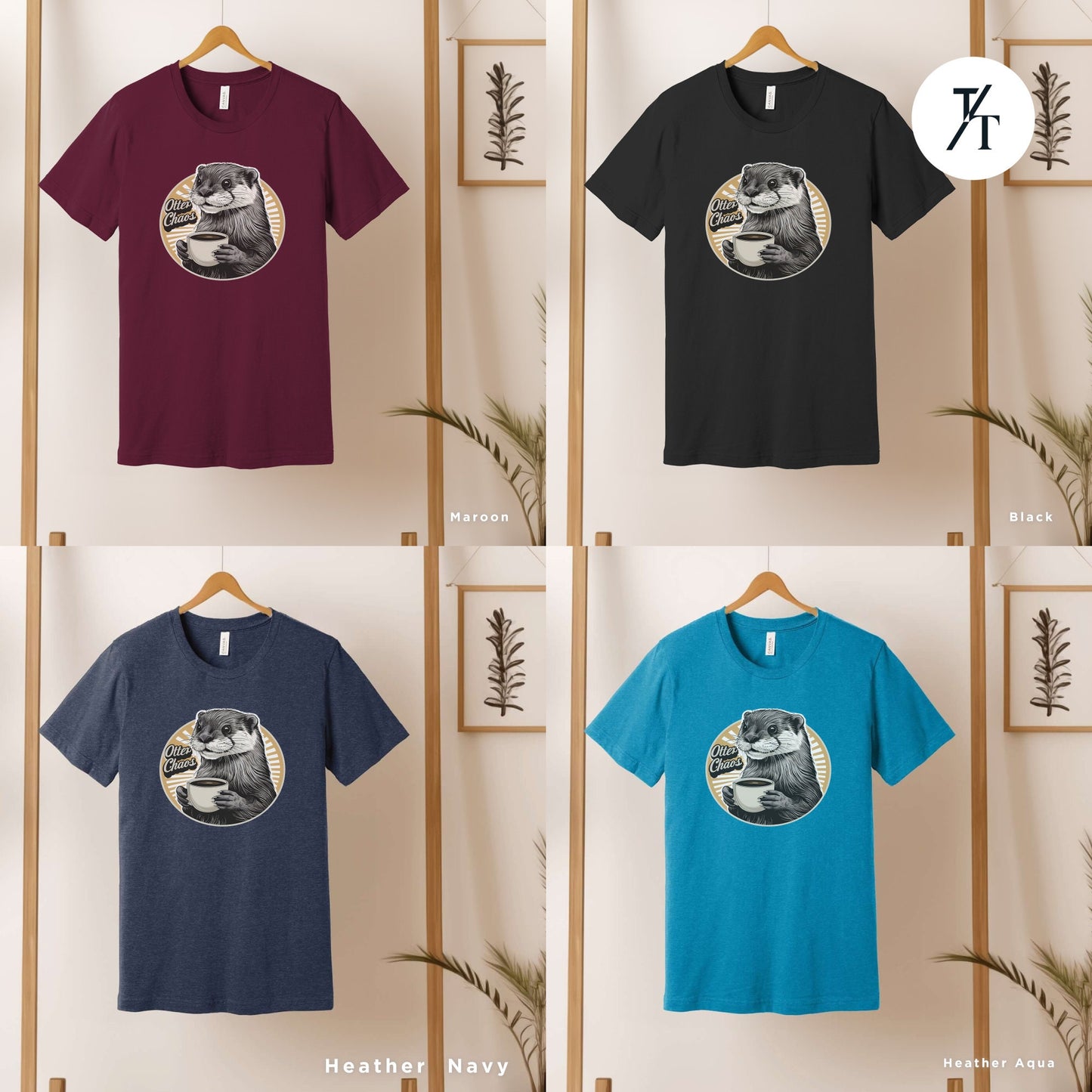 four t - shirts with a picture of a dog on it, Otter coffee shirt, Coffee Otter Shirt, Otters Lover Shirts, Otters Lover Gift, SeaOtter Gifts, Xmas Gift For Women, Funny Mens T-Shirts