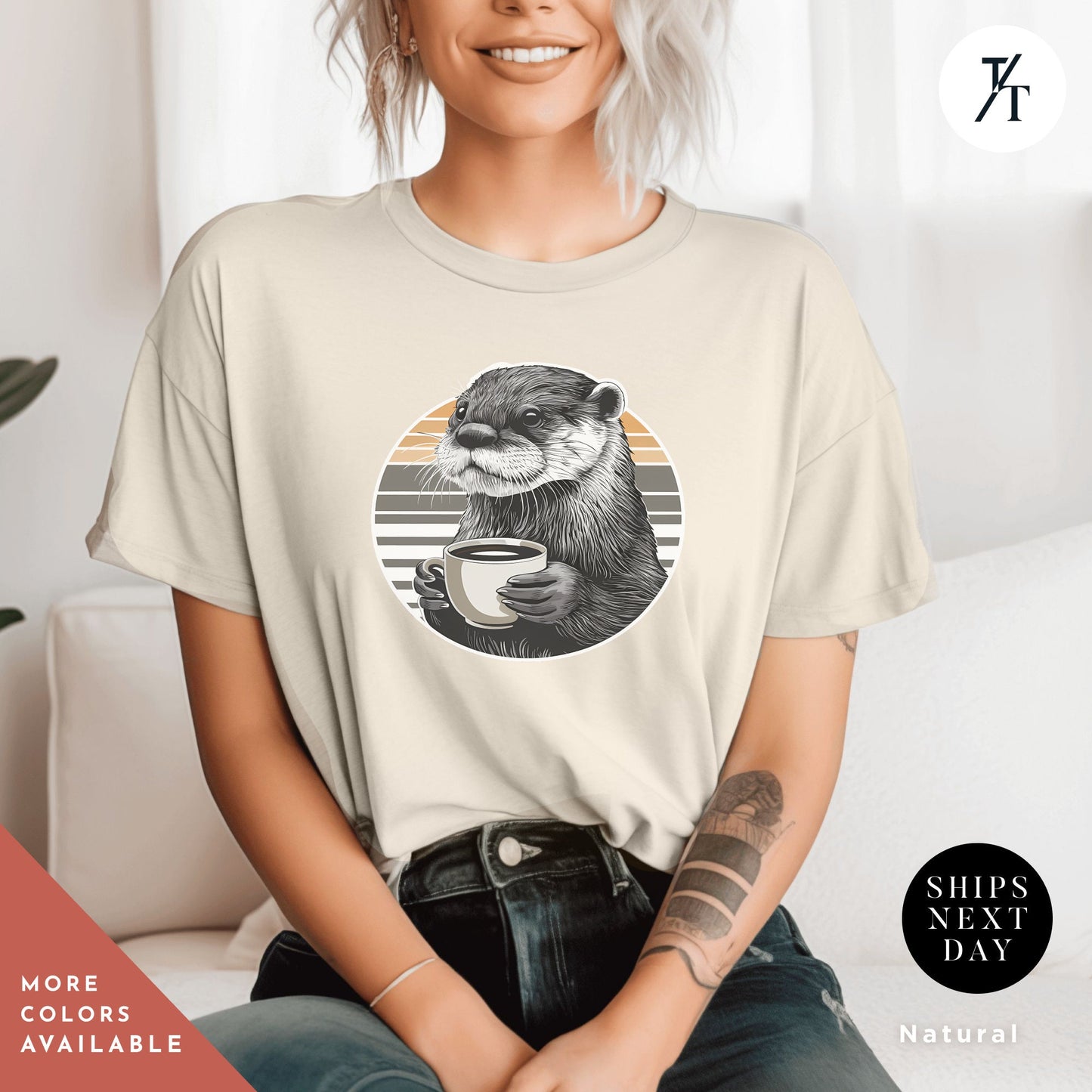 a woman wearing a t - shirt with an image of a otter holding a cup, Otter coffee shirt, Coffee Otter Shirt, Otters Lover Shirts, Otters Lover Gift, SeaOtter Gifts, Xmas Gift For Women, Funny Mens T-Shirts