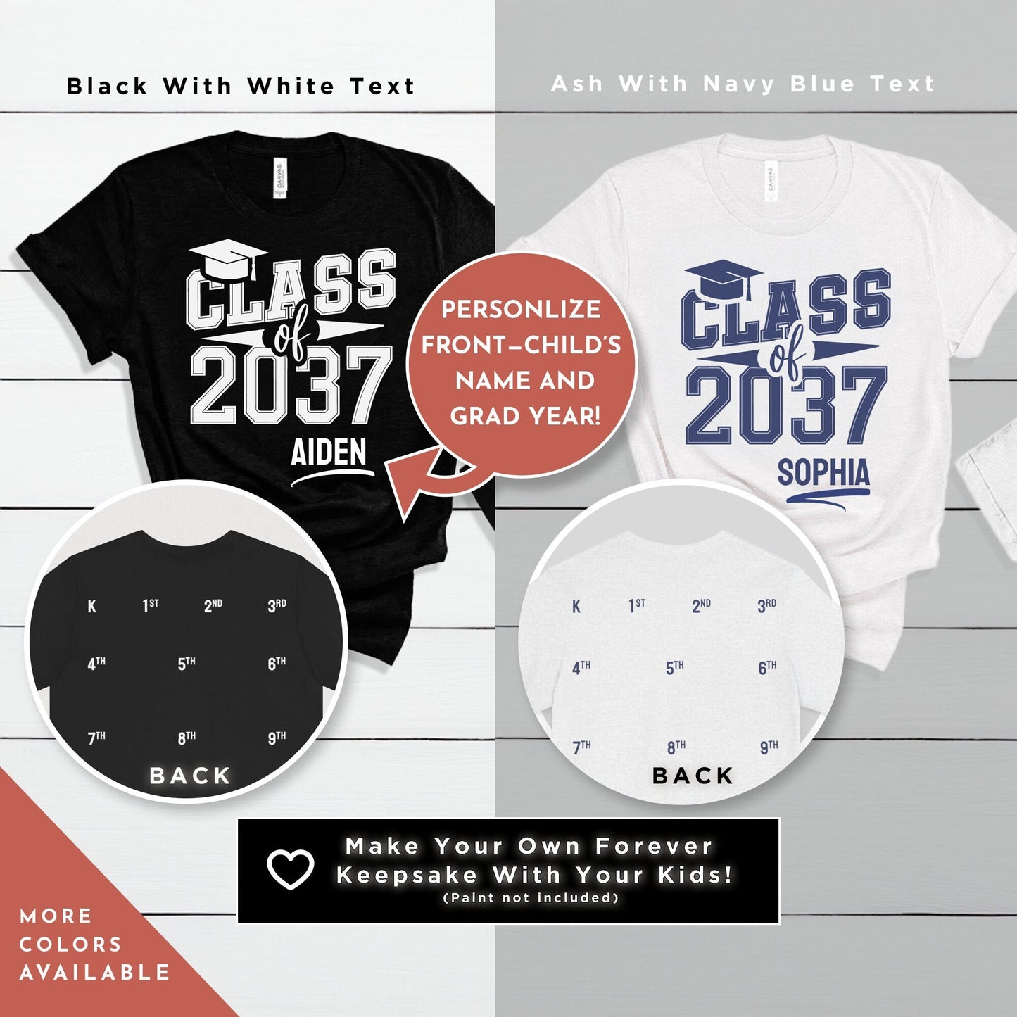 a group of t - shirts with the words class of 2037 on them, , Class of 2037 Shirt and Handprint, First Day Of School Memory Handprint Space, Kindergarten Shirt, Custom Graduation Shirts, Grow With Me