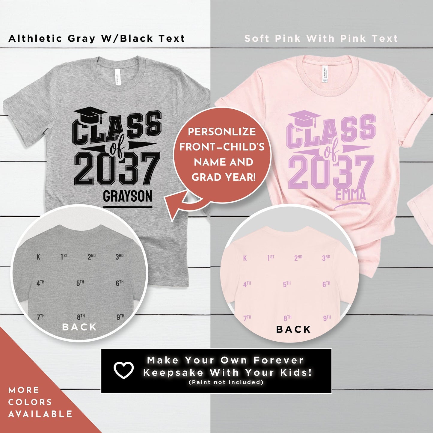 a group of t - shirts that say class of 2037 and graduation, , Class of 2037 Shirt and Handprint, First Day Of School Memory Handprint Space, Kindergarten Shirt, Custom Graduation Shirts, Grow With Me