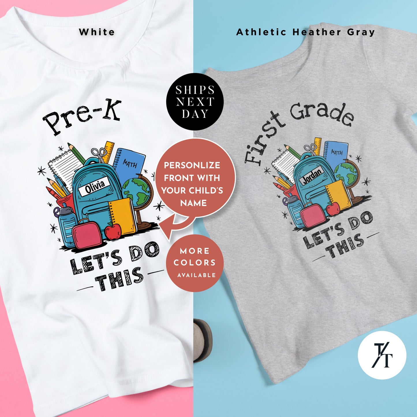 two t - shirts with the words pre - k and let's do this, Pre-k let's do this shirt, Personalized First Day Of School tee, Back To School Shirt, First Day Of Pre-K, Hello Pre-K, Custom School tee