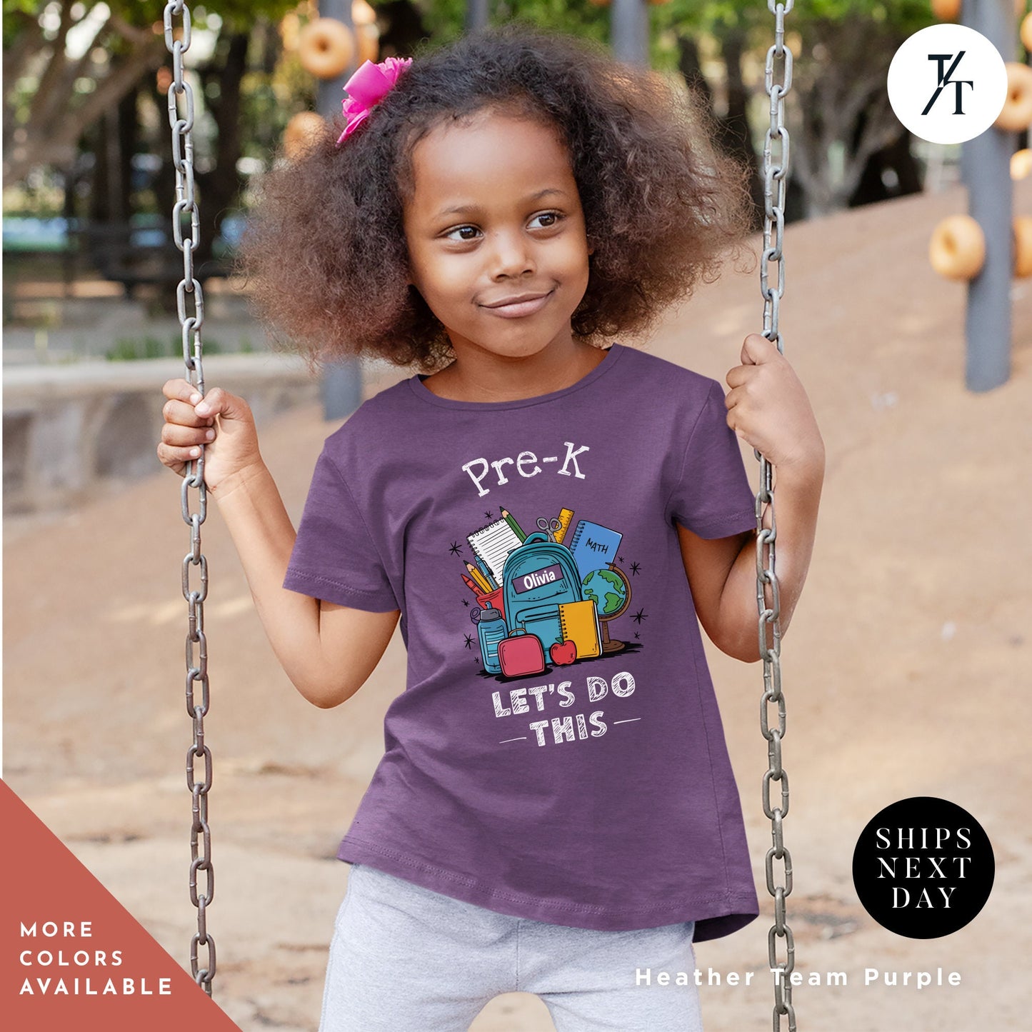 a young girl holding onto a swing in a park, Pre-k let's do this shirt, Personalized First Day Of School tee, Back To School Shirt, First Day Of Pre-K, Hello Pre-K, Custom School tee