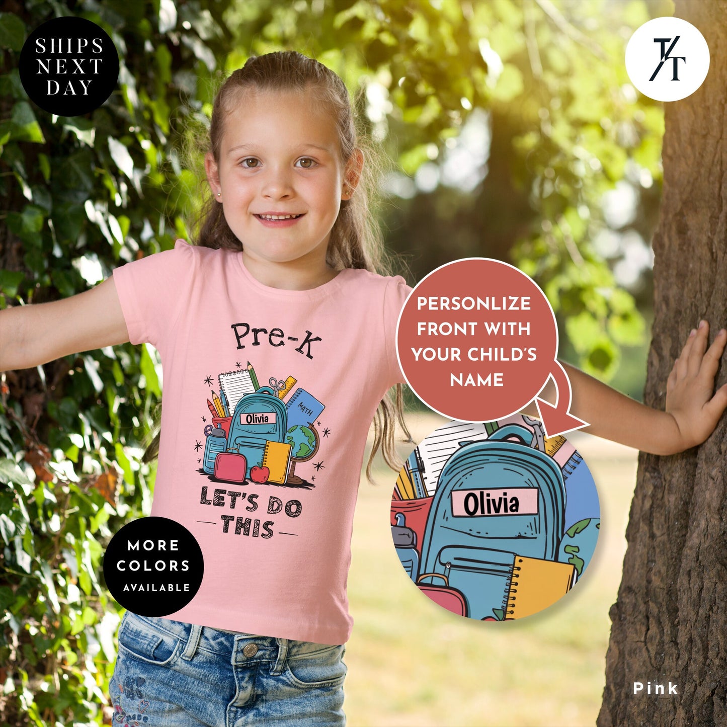 a little girl standing next to a tree, Pre-k let's do this shirt, Personalized First Day Of School tee, Back To School Shirt, First Day Of Pre-K, Hello Pre-K, Custom School tee
