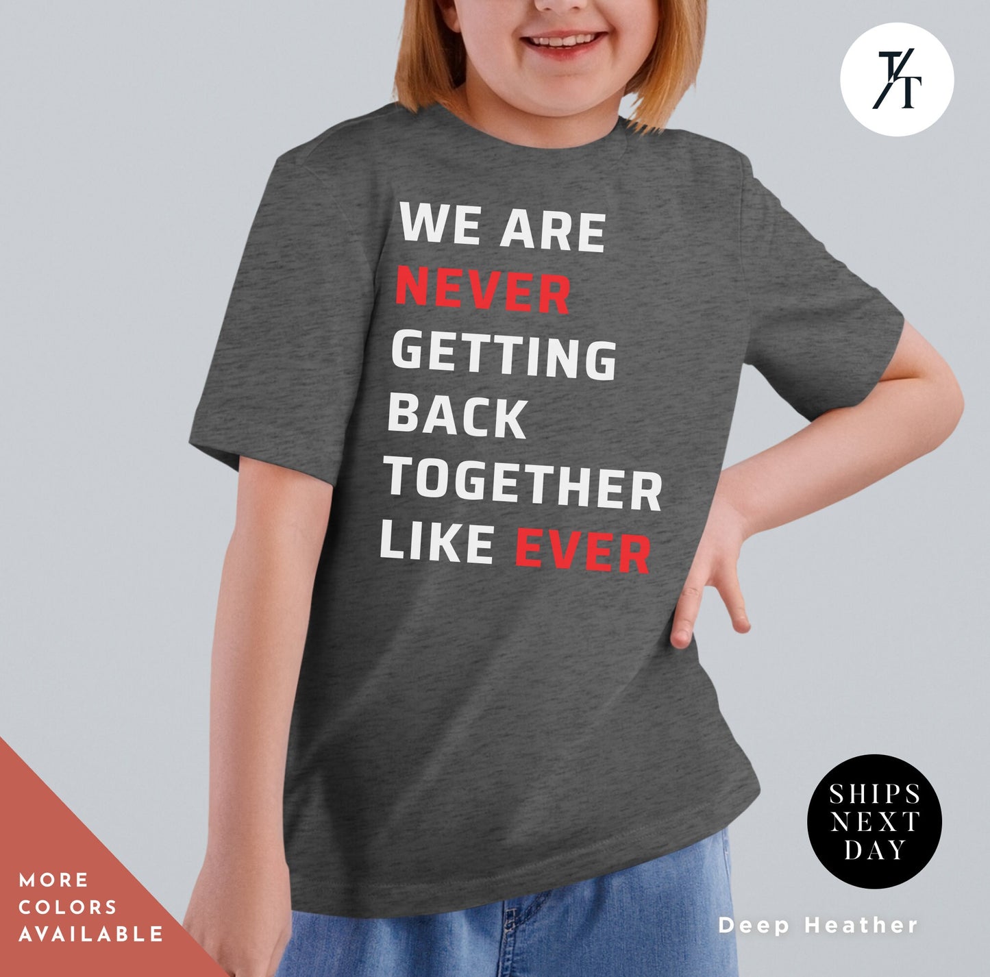 a little girl wearing a t - shirt that says we are never getting back together, We are never getting back together tshirt kids, Back Together Tee, Swiftie Merch Kids, A Lot Going On Shirt, Never Getting Tee, Swiftie Kids