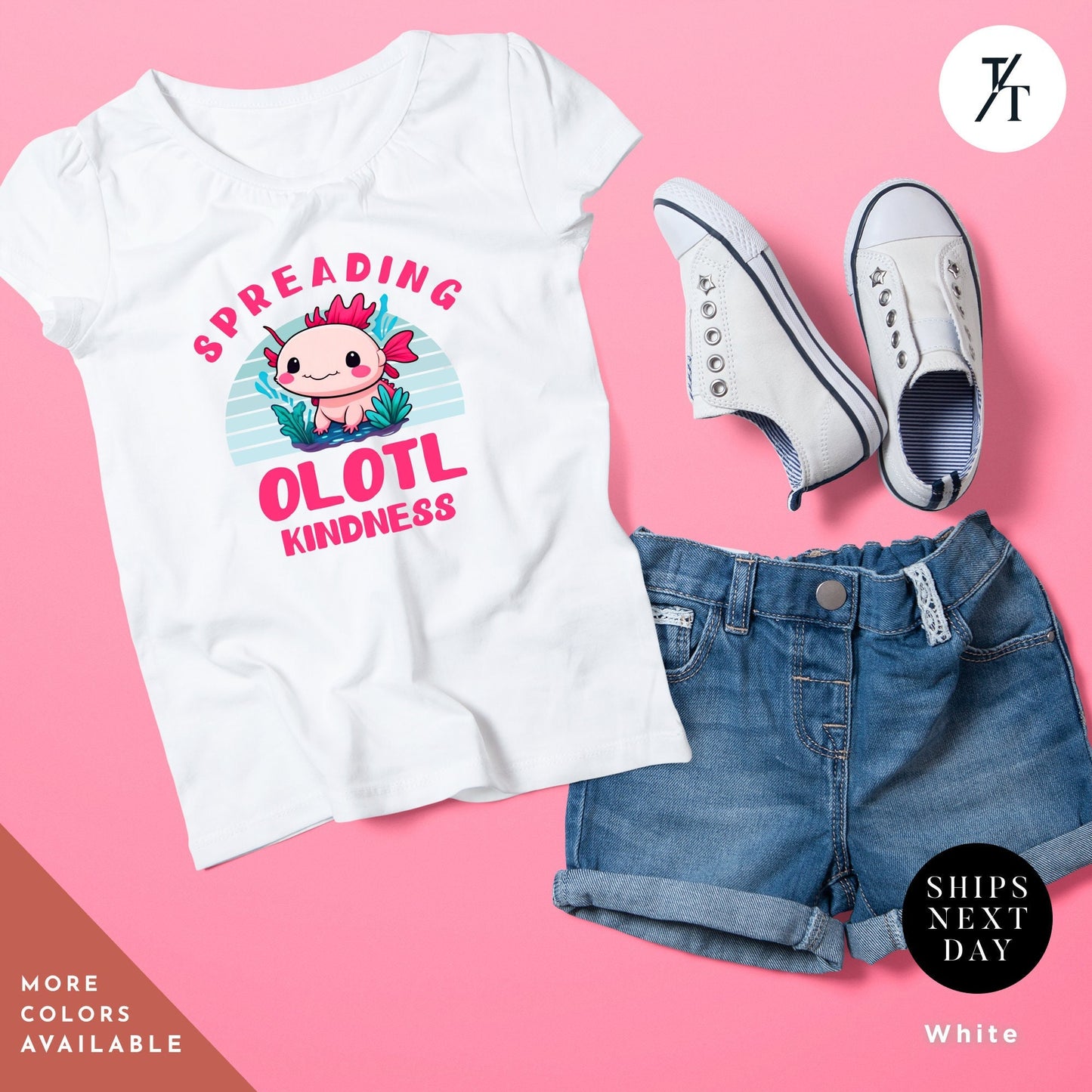 a t - shirt, shorts, and sneakers on a pink background, axolotl shirt for girl, Girls Axolotl Shirt, Cute Axolotls tShirt, Funny Axolotls tShirt, Girl Birthday tee, Animal Lover tee, kids birthday