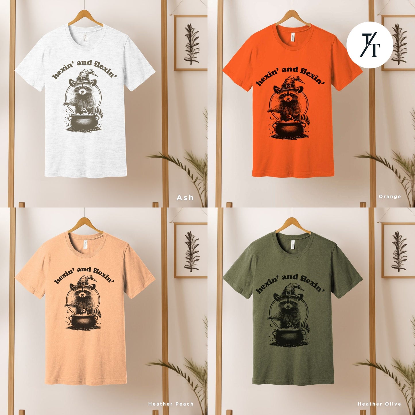 four different t - shirts hanging on a wall, Funny halloween Raccoon shirt, Halloween Gifts, Cute Retro Raccoon Tee, Meme Lover, Feral Girl Shirts, Witches Wicca Shirt, Be A Witch tee