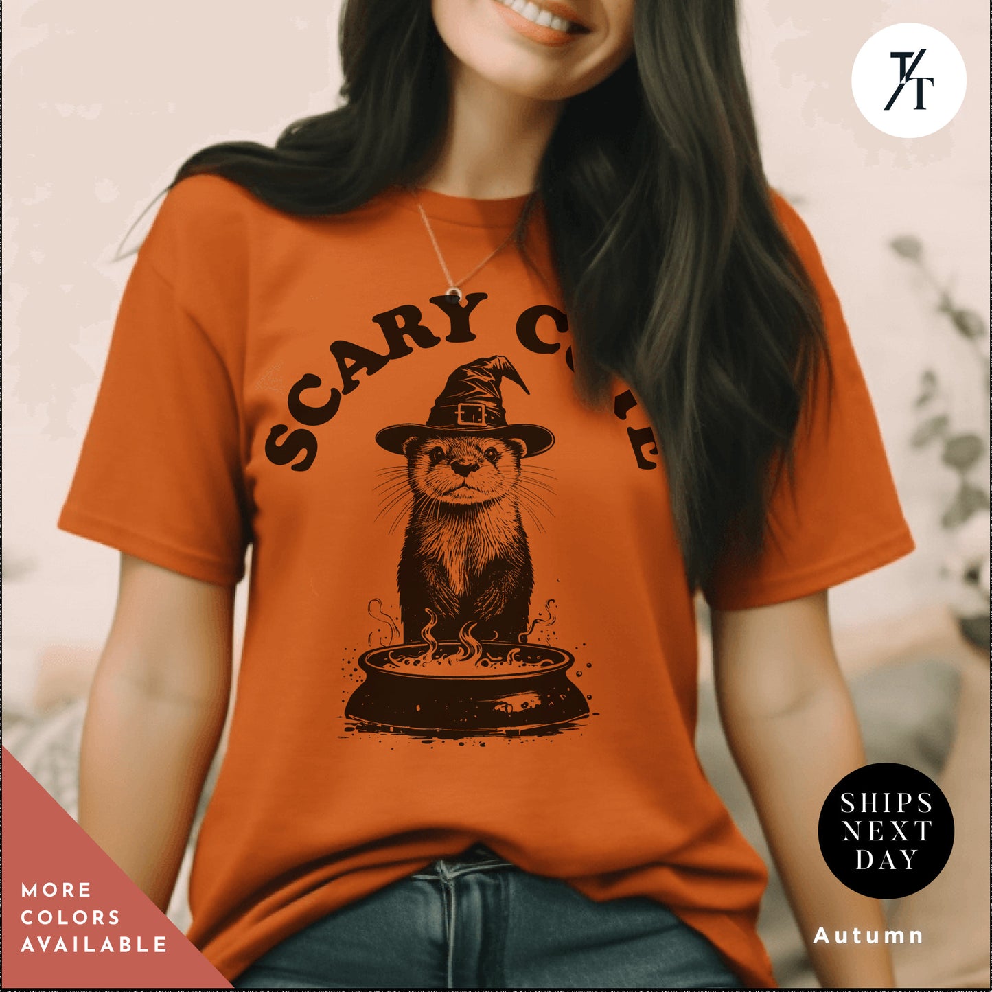 a woman wearing an orange scary cat t - shirt, Funny Otter Shirt, halloween otters tee, Vintage Halloween Gift, witchy shirt, Cute Otter Lover Shirts, Halloween Shirts, Sea Otters Gifts