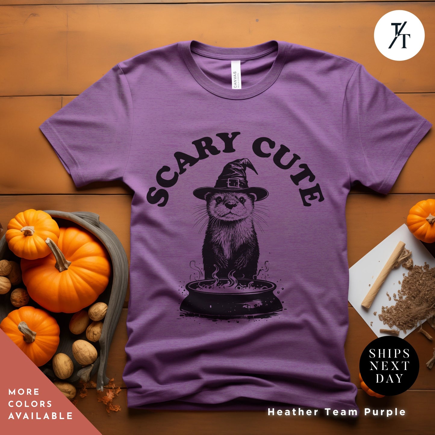 a purple shirt with a picture of a cat wearing a witches hat, Funny Otter Shirt, halloween otters tee, Vintage Halloween Gift, witchy shirt, Cute Otter Lover Shirts, Halloween Shirts, Sea Otters Gifts
