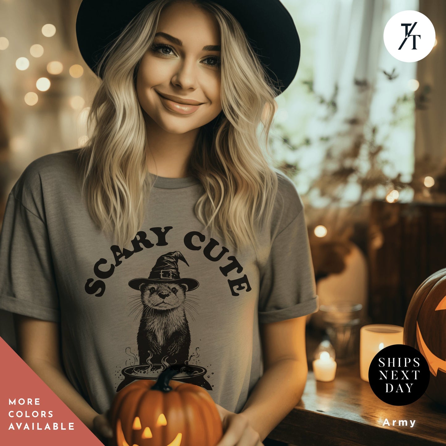 a woman wearing a scary cute t - shirt holding a pumpkin, Funny Otter Shirt, halloween otters tee, Vintage Halloween Gift, witchy shirt, Cute Otter Lover Shirts, Halloween Shirts, Sea Otters Gifts