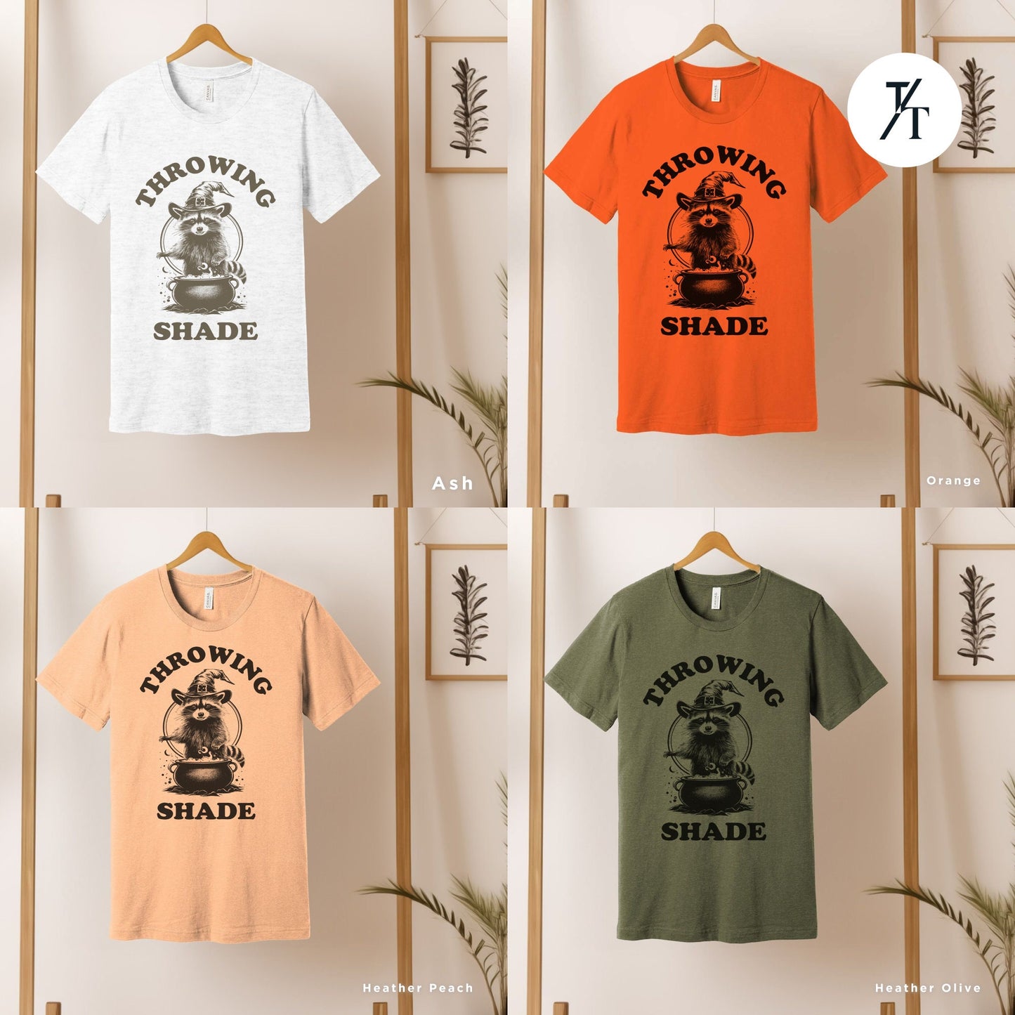 a group of t - shirts hanging on a wall, , Funny halloween Raccoon shirt, Halloween Gifts, Cute Retro Raccoon Tee, Meme Lover, Throwing Shade Tee, Be A Witch tee, Groovy Graphic Tees