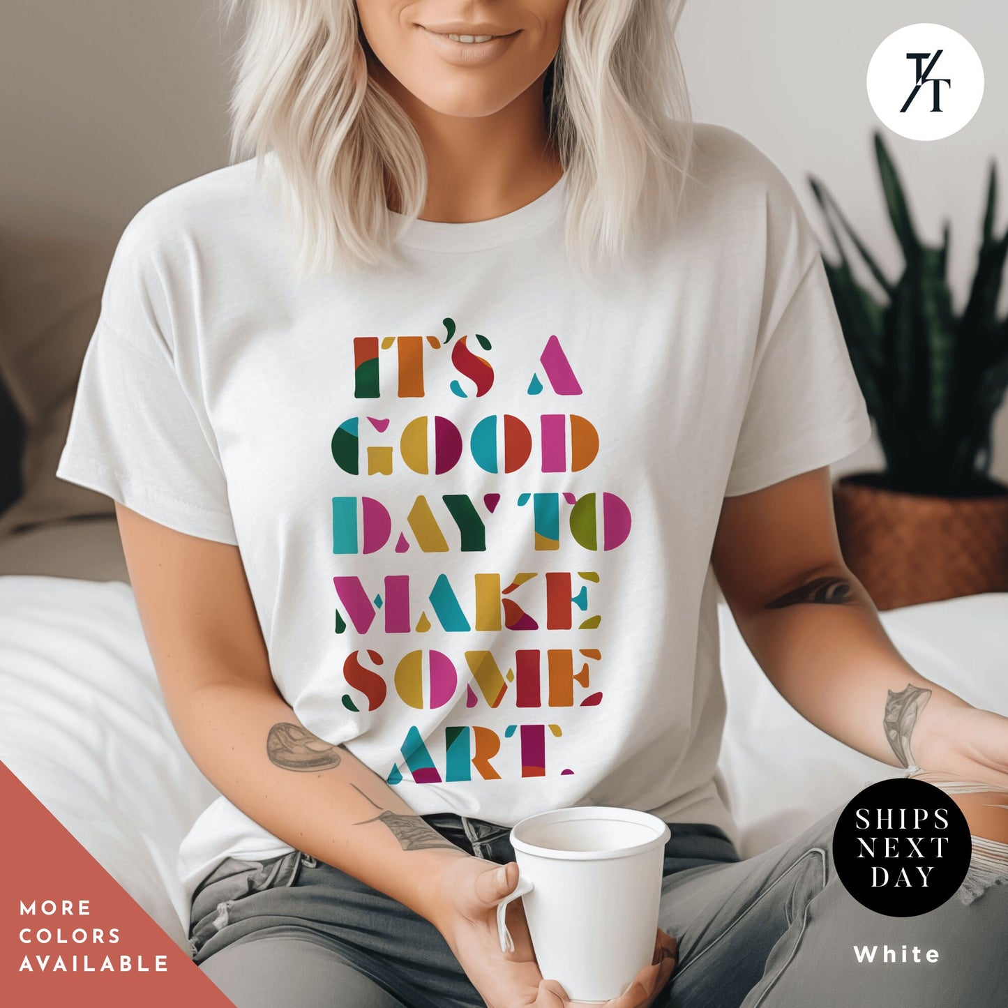 a woman sitting on a bed holding a cup of coffee, its a good day to make some art, Art Teacher Shirt, Arts Lover Artist tee, Arts Teacher tee, Teachers Appreciation, Gift For Arts Teachers