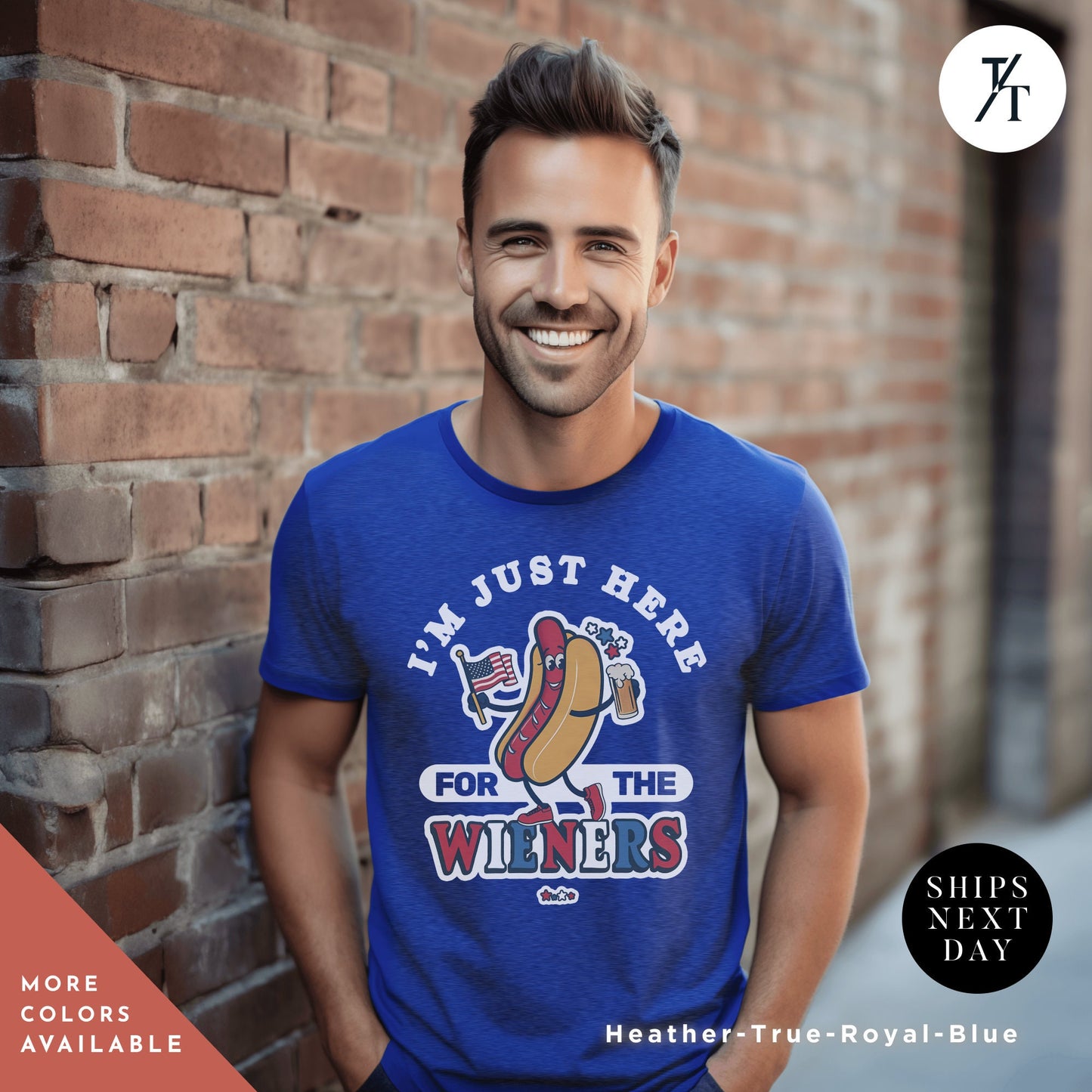 a man standing in front of a brick wall, Hot dog I'm just here for the wieners shirt, Retro 4Th Of July tee, Funny 4Th Of July Shirt, Independence Day tshirt, Here For The Wieners