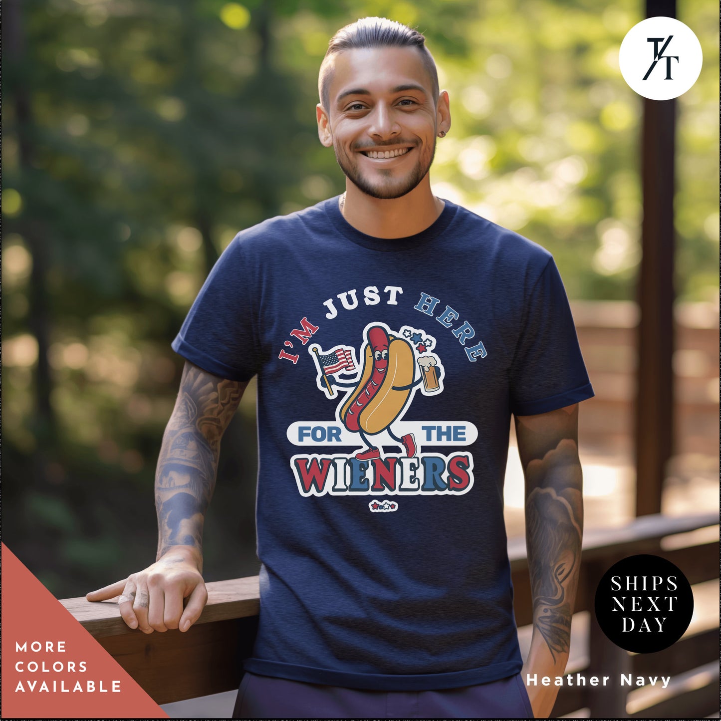 a man wearing a t - shirt with a hot dog on it, Hot dog I'm just here for the wieners shirt, Retro 4Th Of July tee, Funny 4Th Of July Shirt, Independence Day tshirt, Here For The Wieners