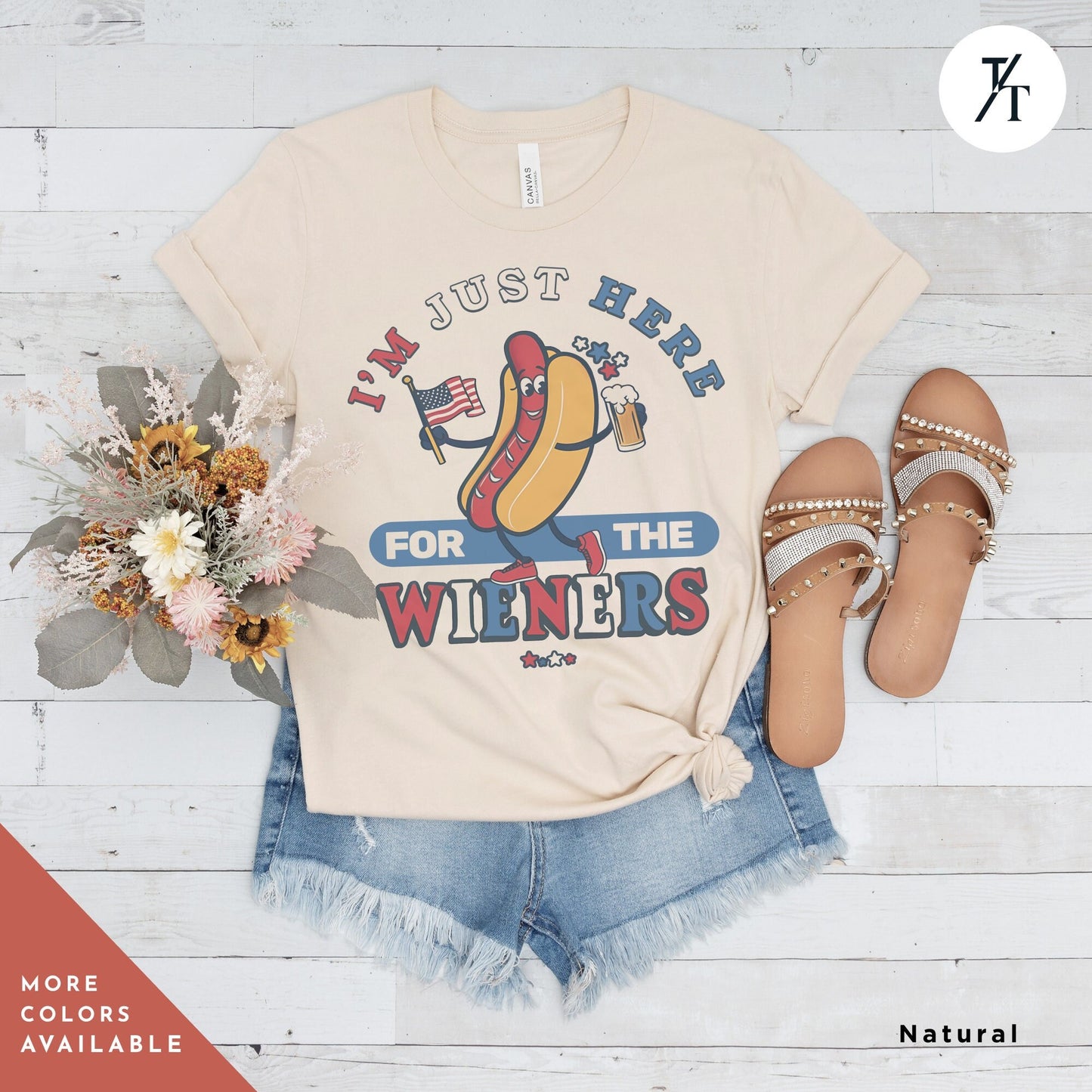 a women's t - shirt with a hot dog on it, Hot dog I'm just here for the wieners shirt, Retro 4Th Of July tee, Funny 4Th Of July Shirt, Independence Day tshirt, Here For The Wieners