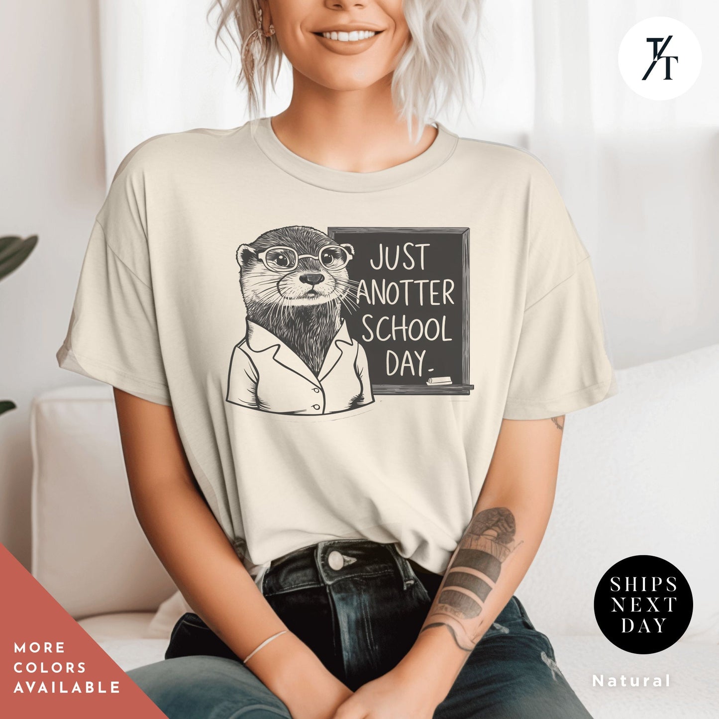 a woman sitting on a couch wearing a t - shirt that says just another school, Sea otter t-shirt, Gift For Teacher, Otter Lover Gift, Funny Teacher Shirt, Back To School Gift, Ottermom tShirt, Sea Otters tee
