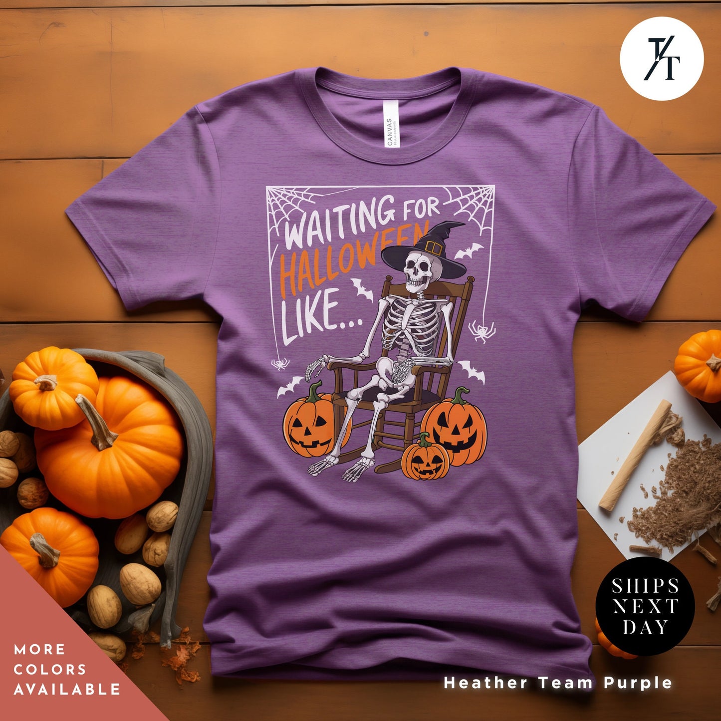 a purple shirt with a skeleton sitting on a chair, Waiting for halloween like shirt halloweentshirt, Skeleton Halloween Adult Humor spooky Season Shirt, Fall Pumpkin tee, Skeleton Bat Witch