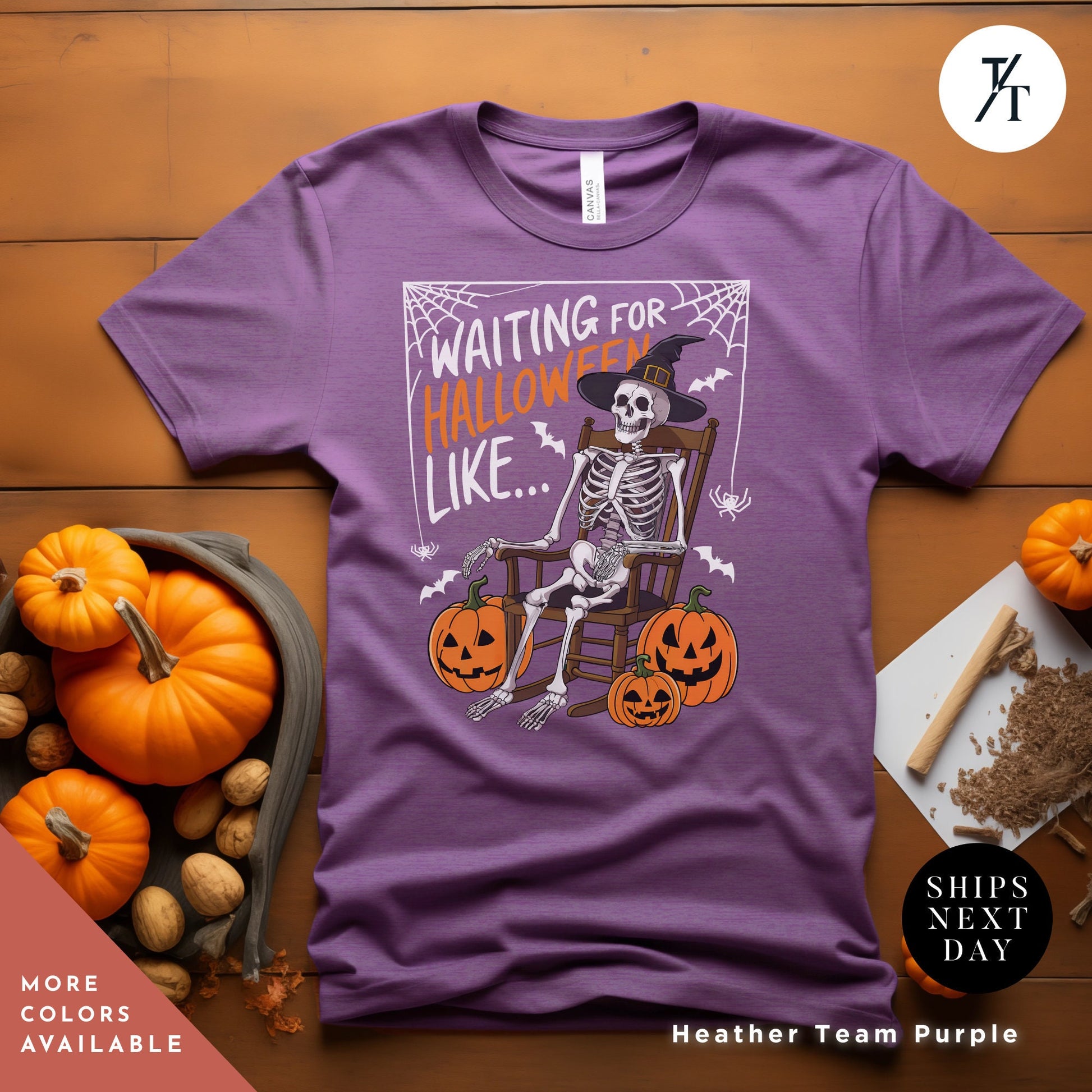 a purple shirt with a skeleton sitting on a chair, Waiting for halloween like shirt halloweentshirt, Skeleton Halloween Adult Humor spooky Season Shirt, Fall Pumpkin tee, Skeleton Bat Witch