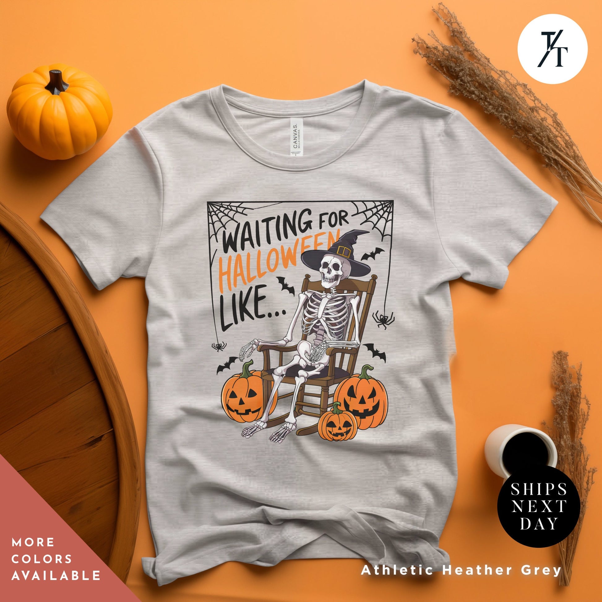 a t - shirt that says waiting for halloween like, Waiting for halloween like shirt halloweentshirt, Skeleton Halloween Adult Humor spooky Season Shirt, Fall Pumpkin tee, Skeleton Bat Witch