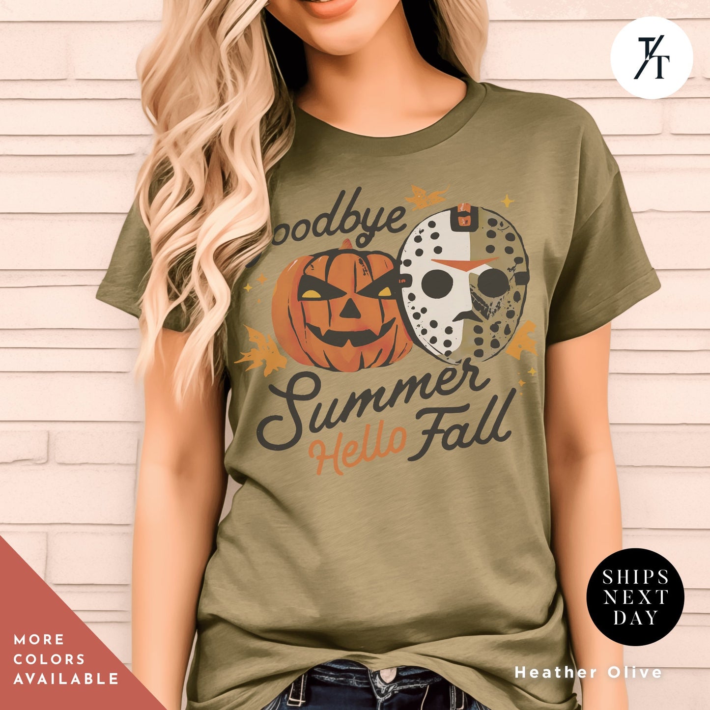 a woman wearing a t - shirt that says goodbye summer hello fall, Retro halloween crewneck monster t-shirt, Goodbye Summer, Hello Fall halloweentshirt, Michael Myers shirt, Friday The 13Th, Halloween Gift