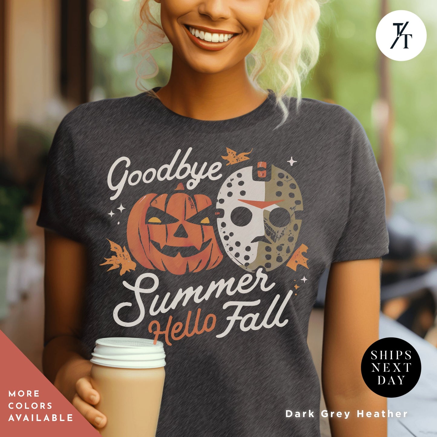a woman holding a cup of coffee wearing a t - shirt that says goodbye summer, Retro halloween crewneck monster t-shirt, Goodbye Summer, Hello Fall halloweentshirt, Michael Myers shirt, Friday The 13Th, Halloween Gift