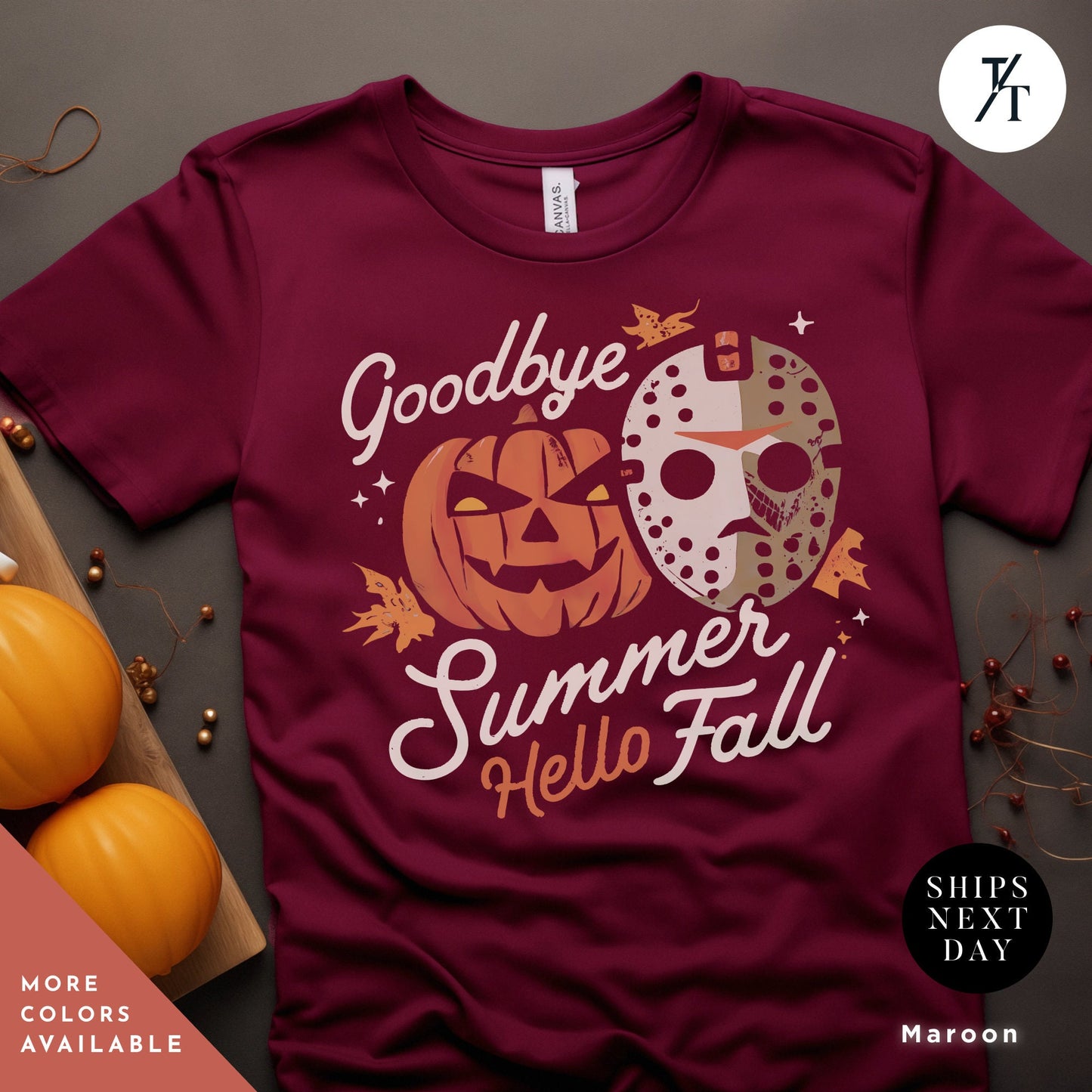a t - shirt that says goodbye to summer hello fall, Retro halloween crewneck monster t-shirt, Goodbye Summer, Hello Fall halloweentshirt, Michael Myers shirt, Friday The 13Th, Halloween Gift
