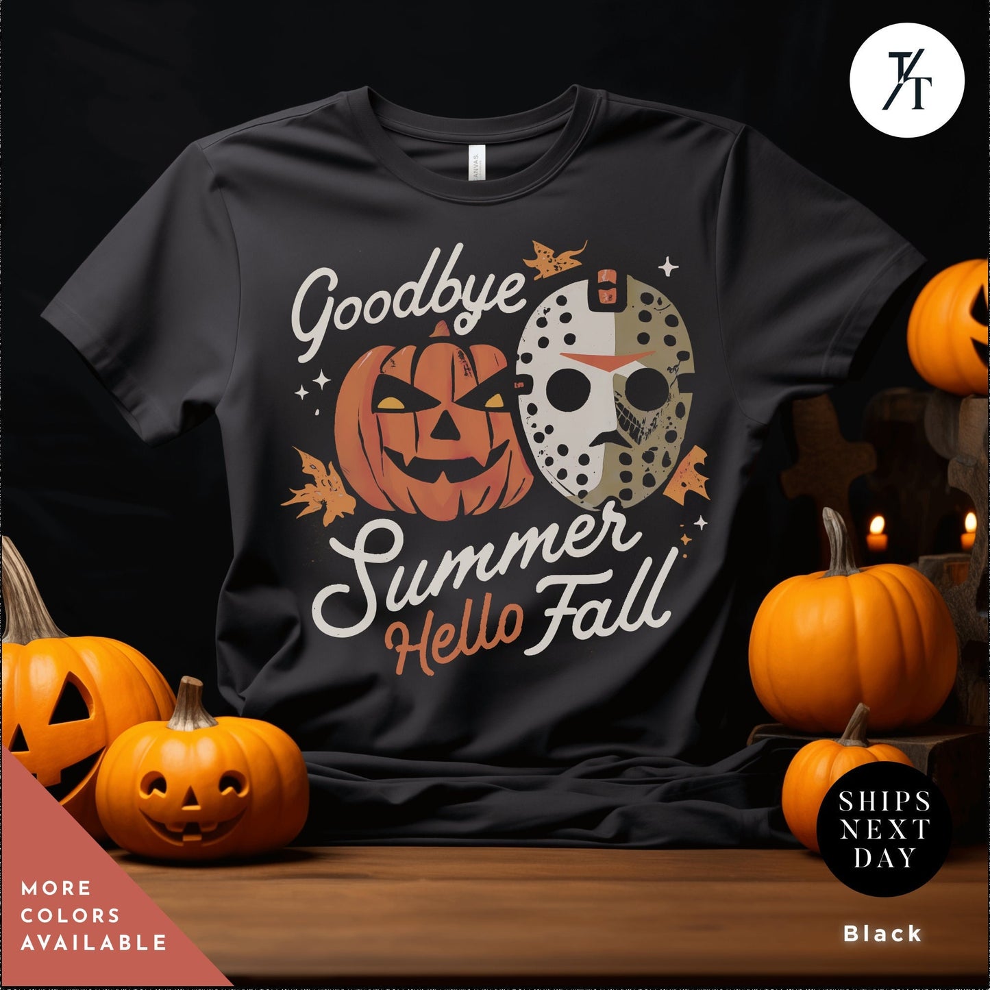 a black t - shirt with a halloween mask and pumpkins, Retro halloween crewneck monster t-shirt, Goodbye Summer, Hello Fall halloweentshirt, Michael Myers shirt, Friday The 13Th, Halloween Gift