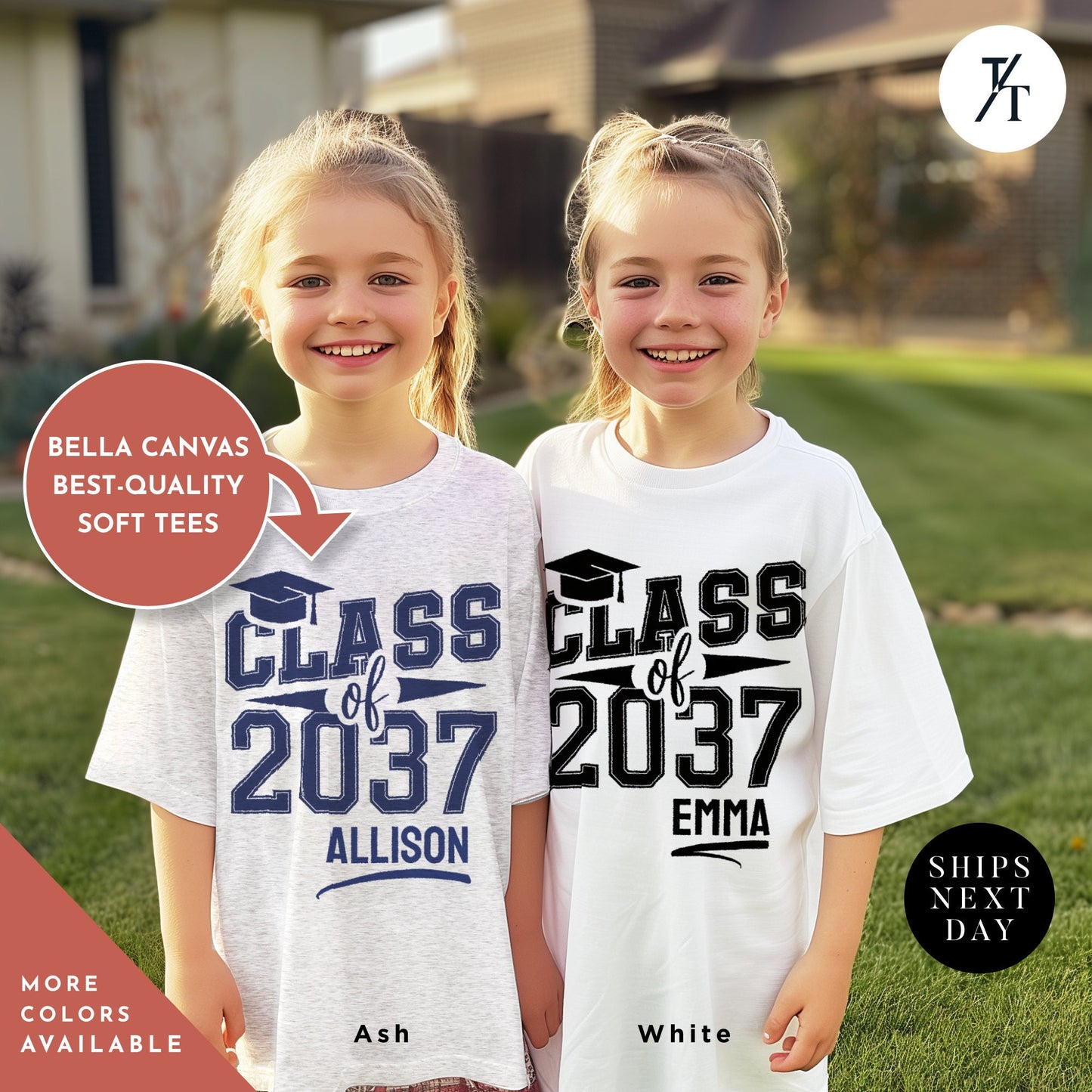 two young girls standing next to each other in front of a house, , Class of 2037 Shirt and Handprint, First Day Of School Memory Handprint Space, Kindergarten Shirt, Custom Graduation Shirts, Grow With Me