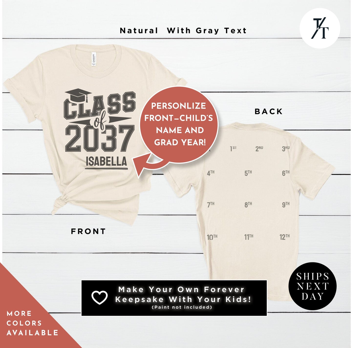 a t - shirt with the words class of 2037 and a t - shirt with , Class of 2037 Shirt and Handprint, First Day Of School Memory Handprint Space, Kindergarten Shirt, Custom Graduation Shirts, Grow With Me