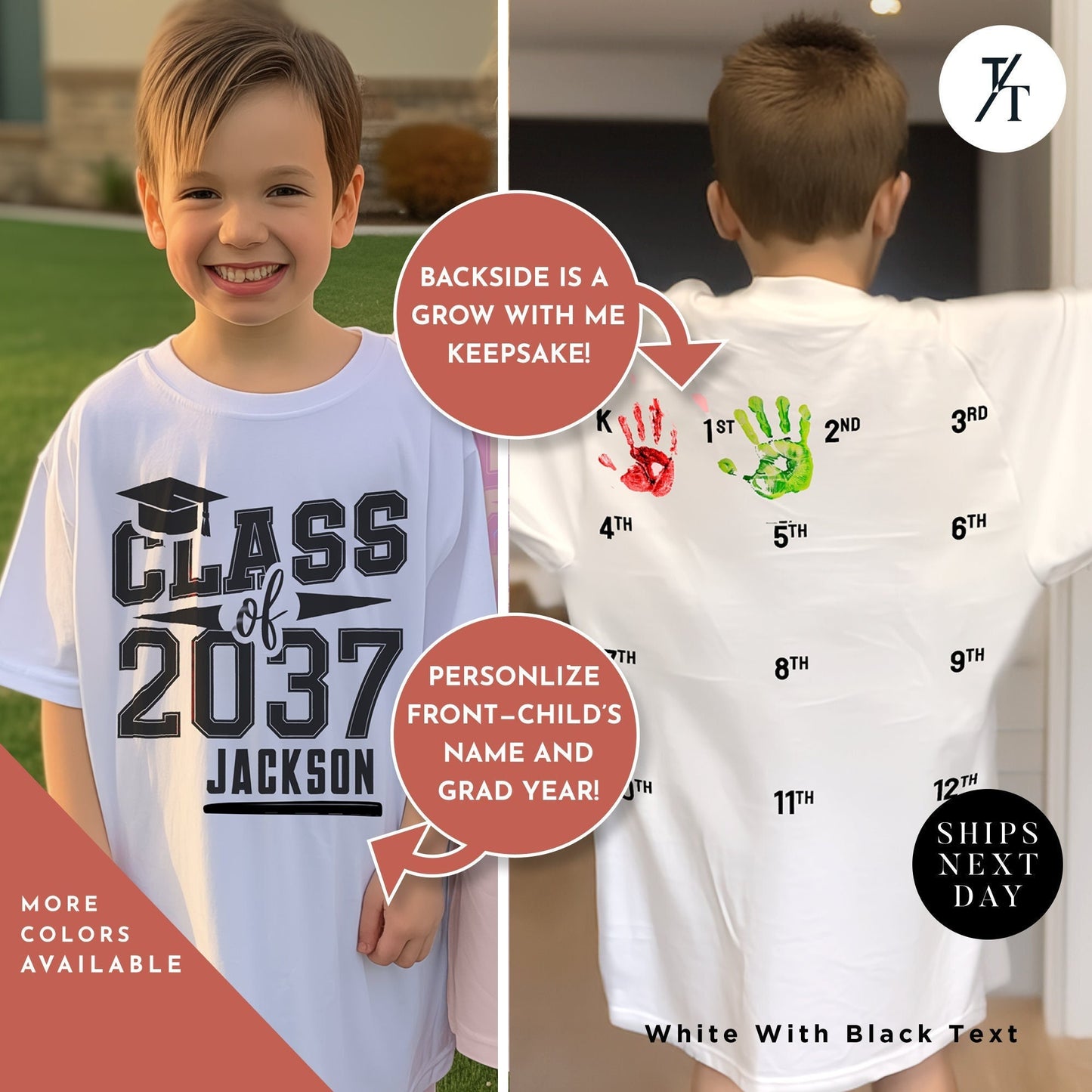 a young boy wearing a white shirt with a hand print on it, Class of 2037 Shirt and Handprint, First Day Of School Memory Handprint Space, Kindergarten Shirt, Custom Graduation Shirts, Grow With Me