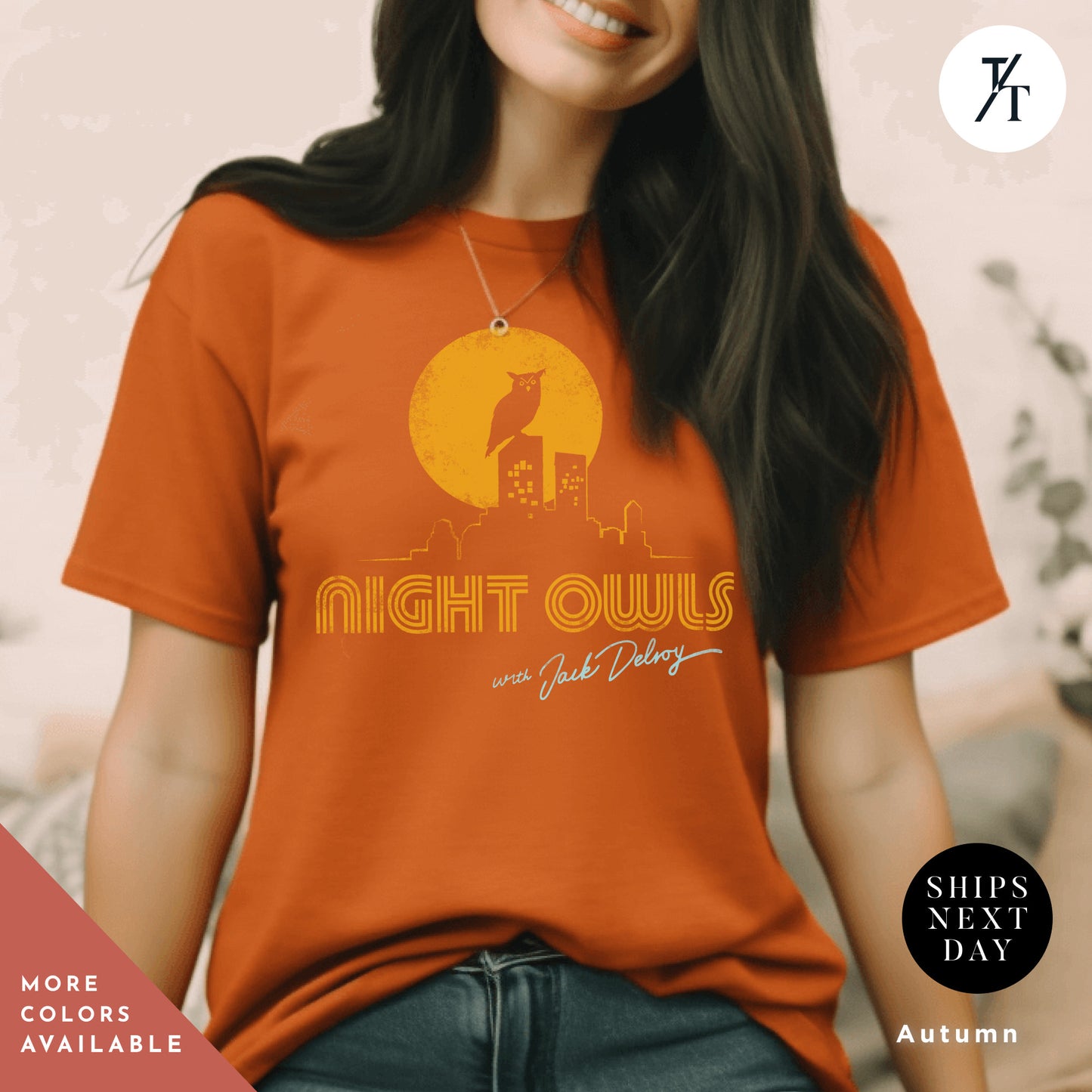 a woman wearing an orange shirt with the words night owls on it, Late Night with the Devil Shirt, halloween devil t shirt, Jack Delroy, Horror Movie Tee, David Dastmalchian, Night Owl tee, Halloween Tshirt
