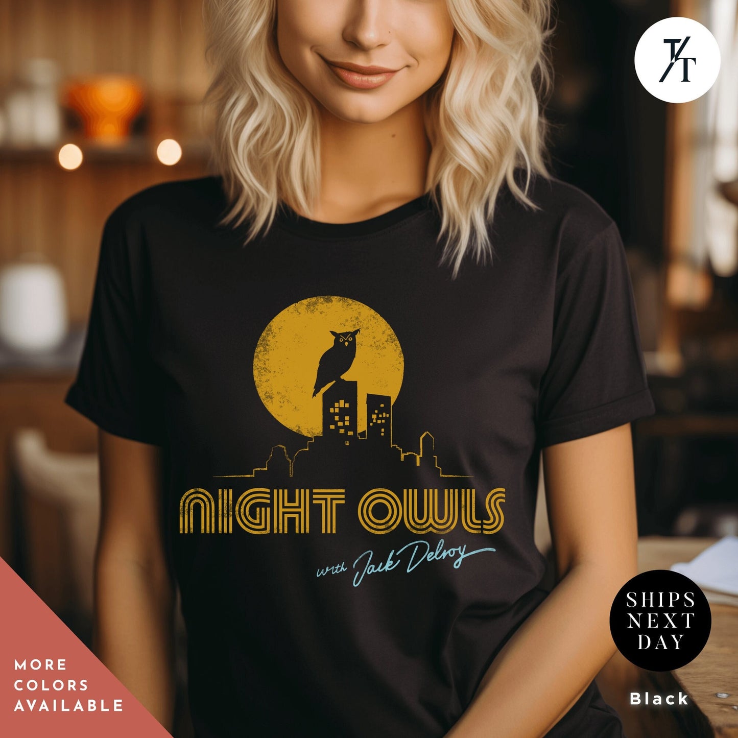 a woman wearing a night owls t - shirt, Late Night with the Devil Shirt, halloween devil t shirt, Jack Delroy, Horror Movie Tee, David Dastmalchian, Night Owl tee, Halloween Tshirt