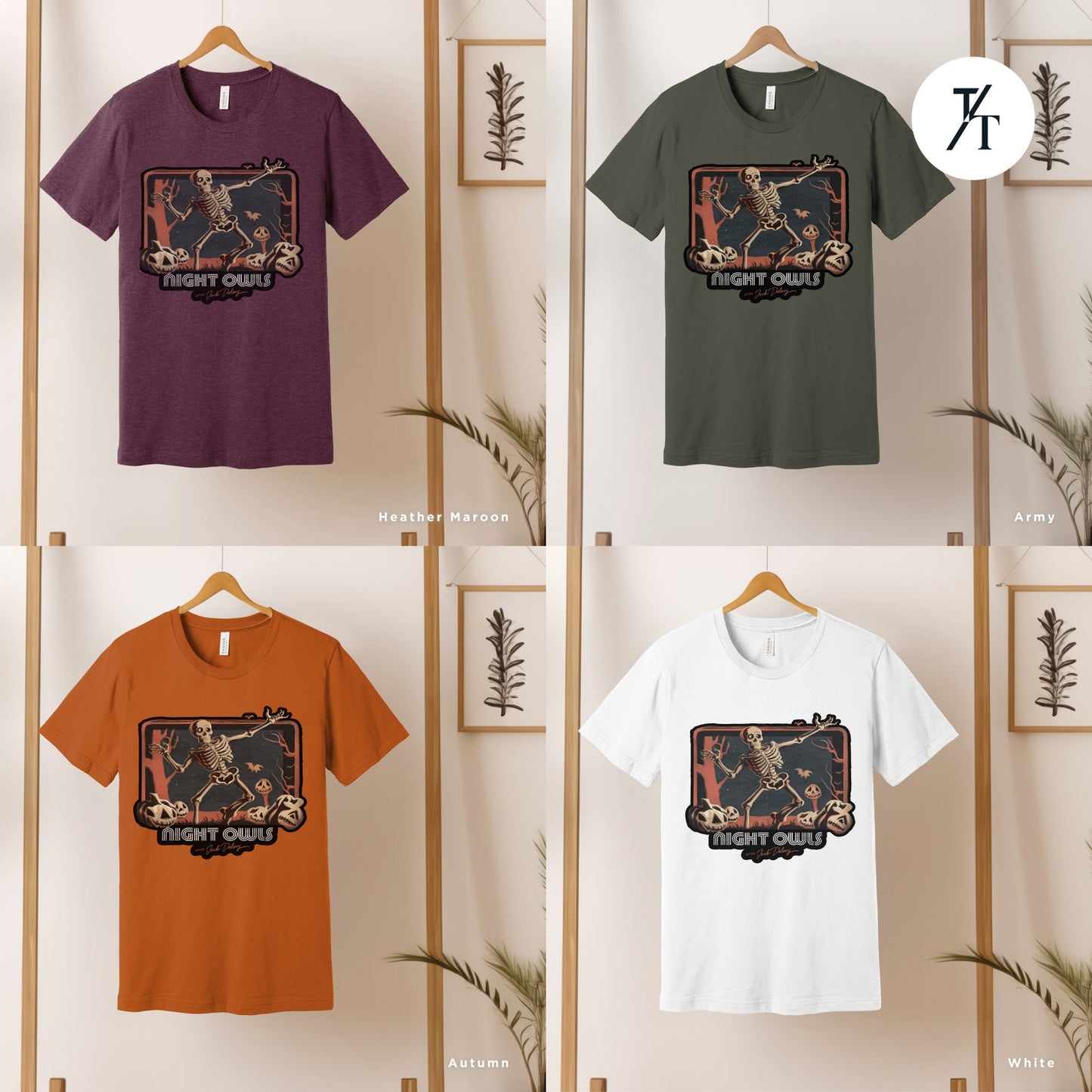 a group of t - shirts hanging on a wall, Late Night with the Devil Shirt, halloween devil t shirt, Jack Delroy, Horror Movie Tee, David Dastmalchian, Night Owl tee, Halloween Tshirt