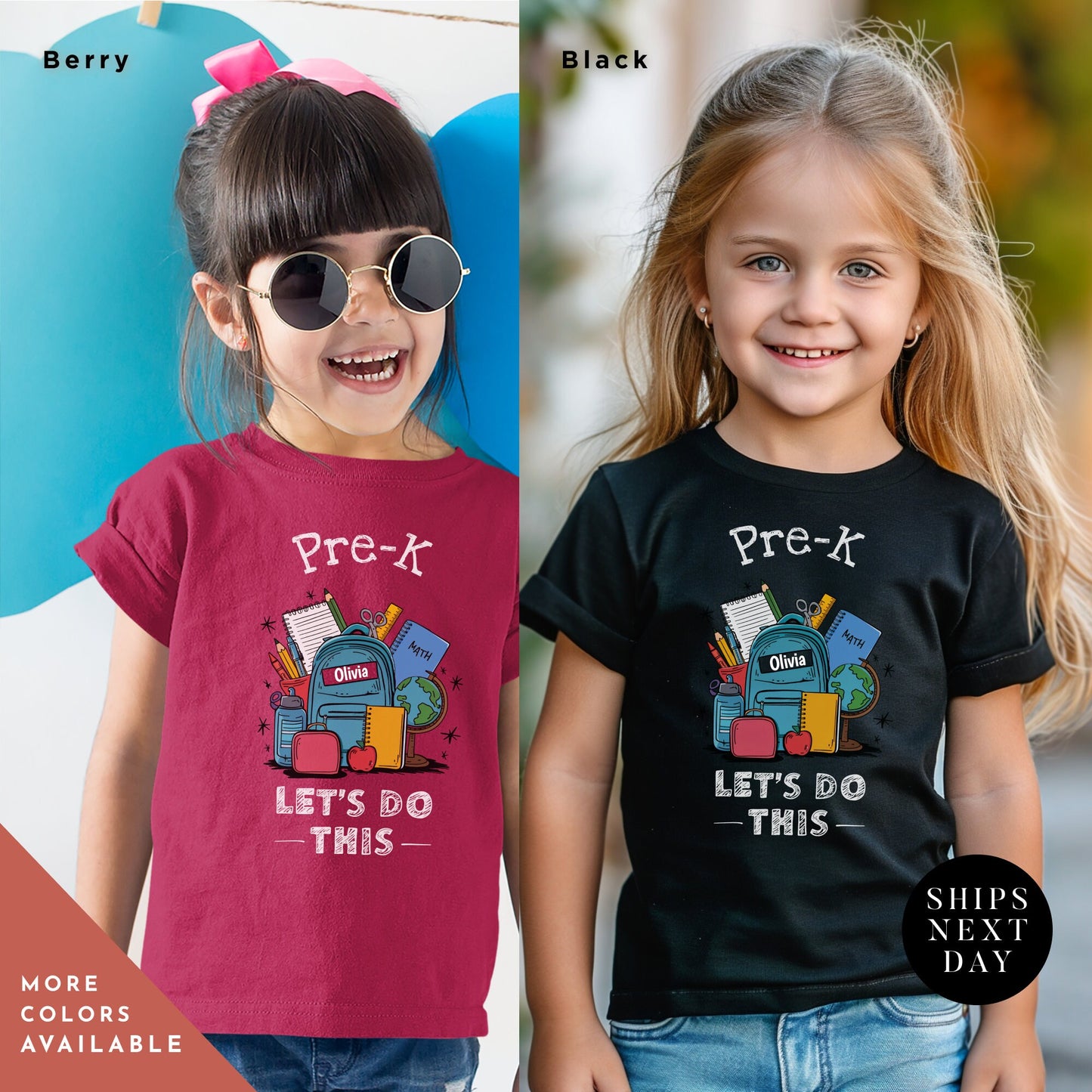 two little girls wearing matching shirts and sunglasses, Pre-k let's do this shirt, Personalized First Day Of School tee, Back To School Shirt, First Day Of Pre-K, Hello Pre-K, Custom School tee