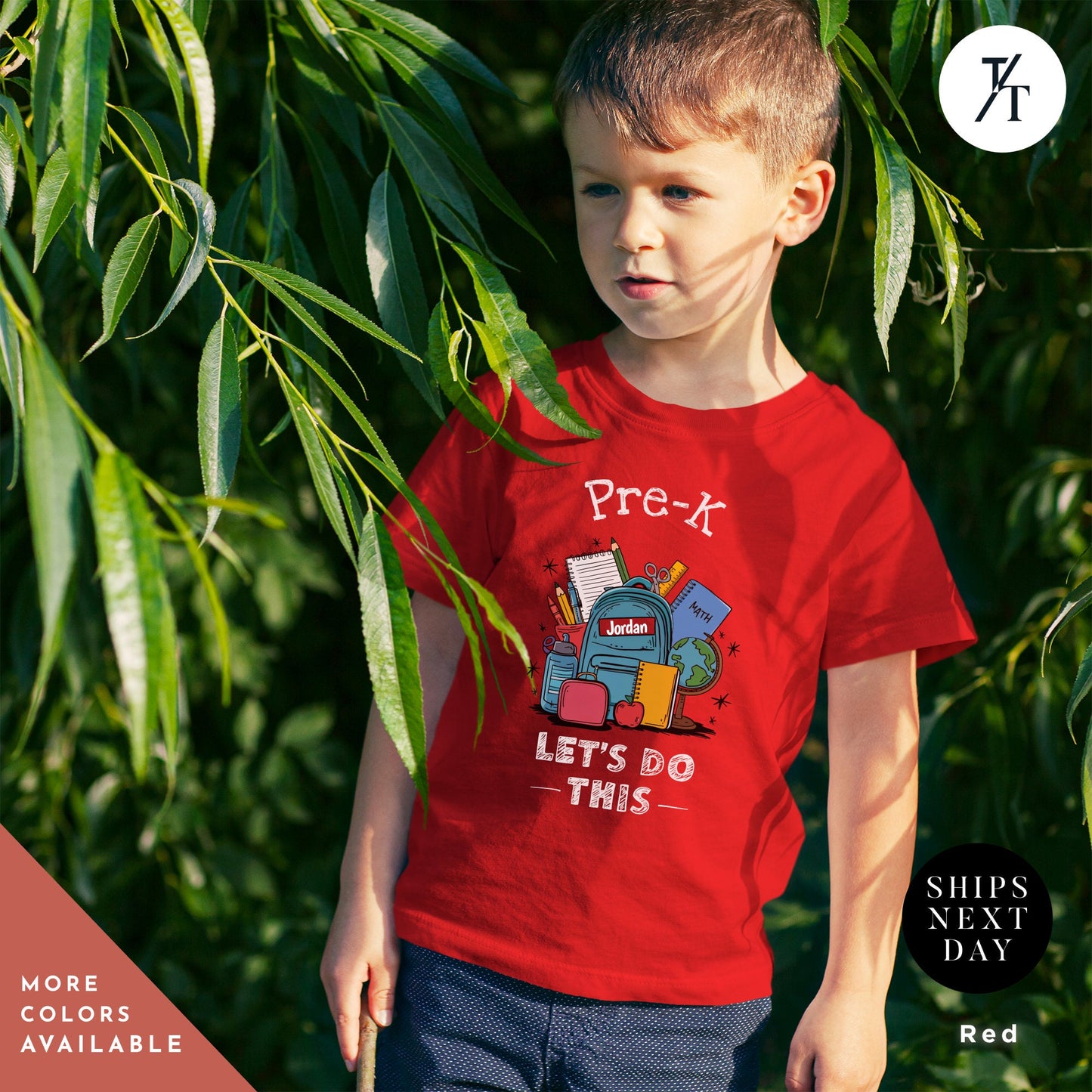 a young boy wearing a red t - shirt that says pre -k, , Pre-k let's do this shirt, Personalized First Day Of School tee, Back To School Shirt, First Day Of Pre-K, Hello Pre-K, Custom School tee