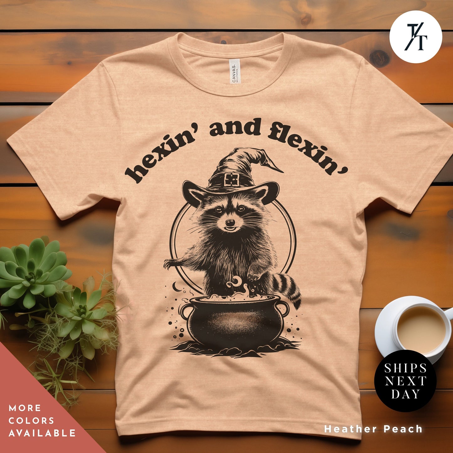 a t - shirt with a raccoon wearing a hat and holding a pot, Funny halloween Raccoon shirt, Halloween Gifts, Cute Retro Raccoon Tee, Meme Lover, Feral Girl Shirts, Witches Wicca Shirt, Be A Witch tee