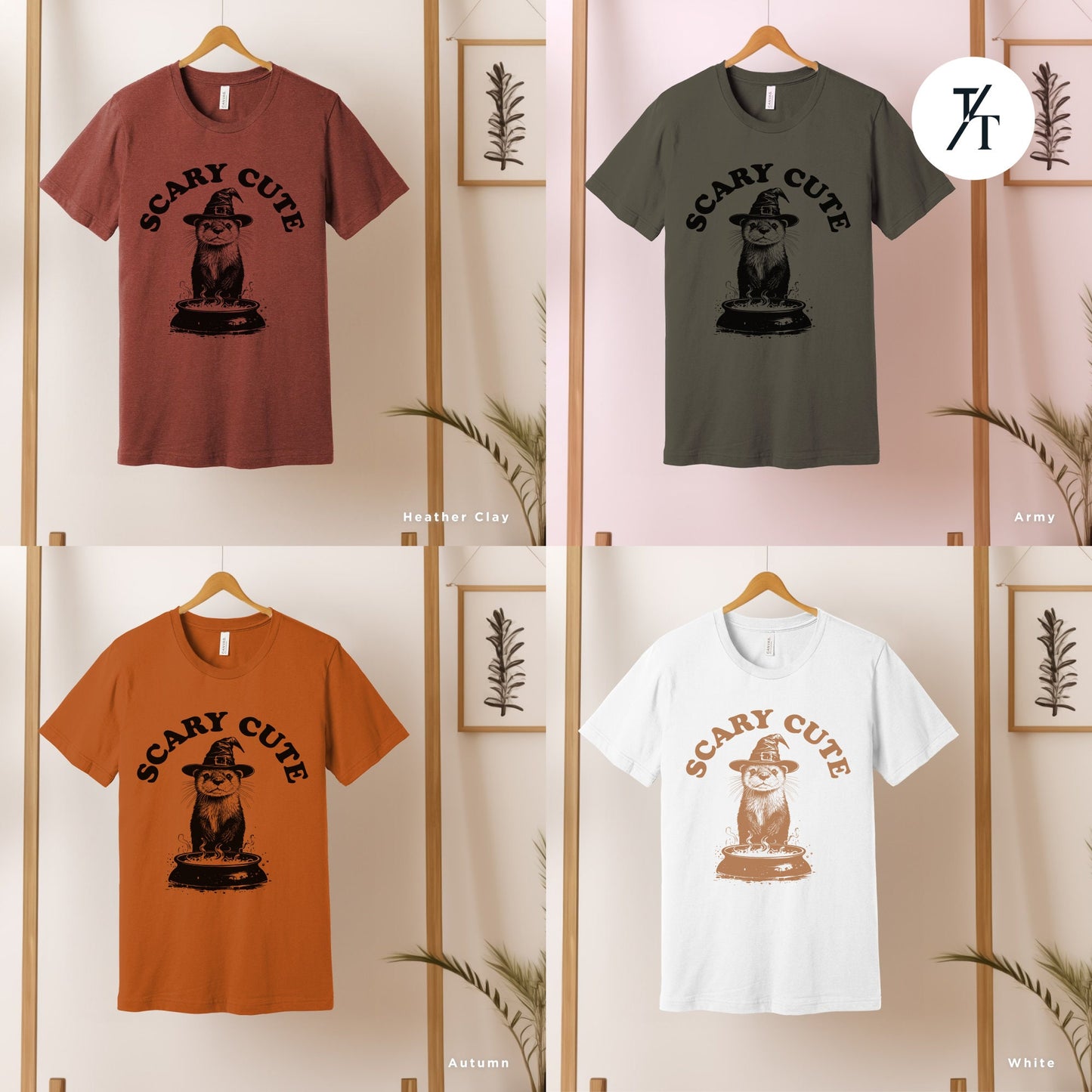 four t - shirts hanging on a wooden rack, Funny Otter Shirt, halloween otters tee, Vintage Halloween Gift, witchy shirt, Cute Otter Lover Shirts, Halloween Shirts, Sea Otters Gifts